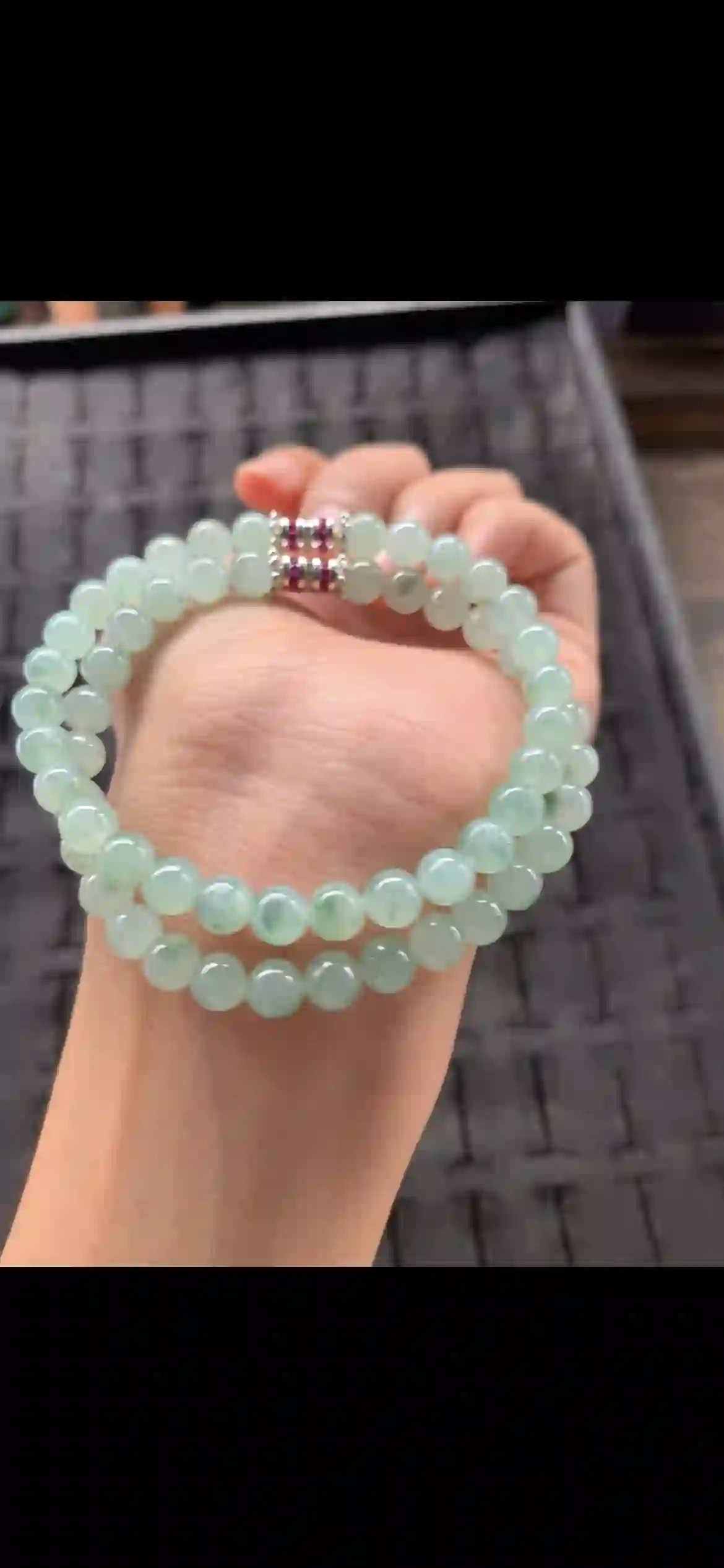 Double-Strand Icy Light Green Floating Jade Bead Bracelet, view 2 | Myanmar Jadeite reference #18450001