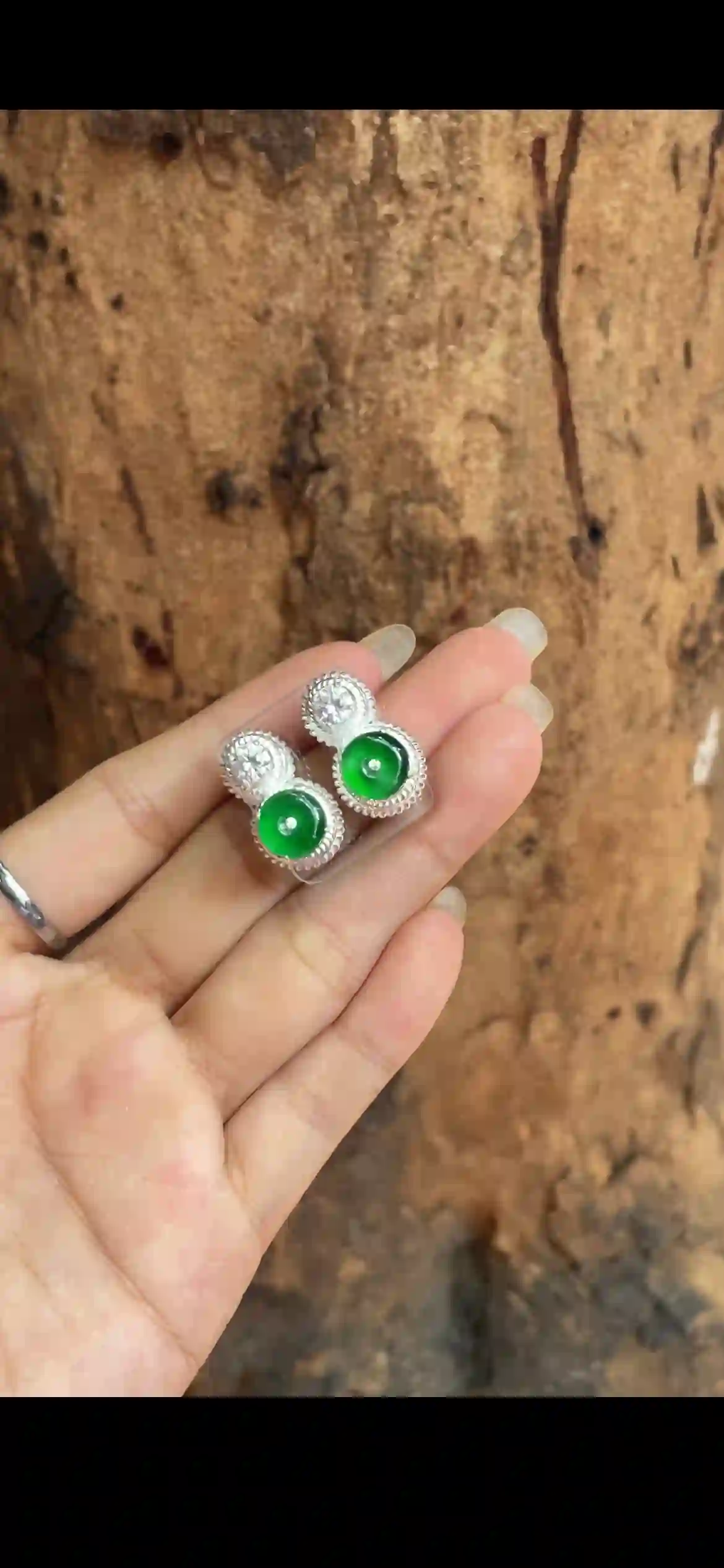 Vibrant Green Jade & Diamond Accent Sterling Silver Stud Earrings, view 2 | Myanmar Jadeite reference #29340001