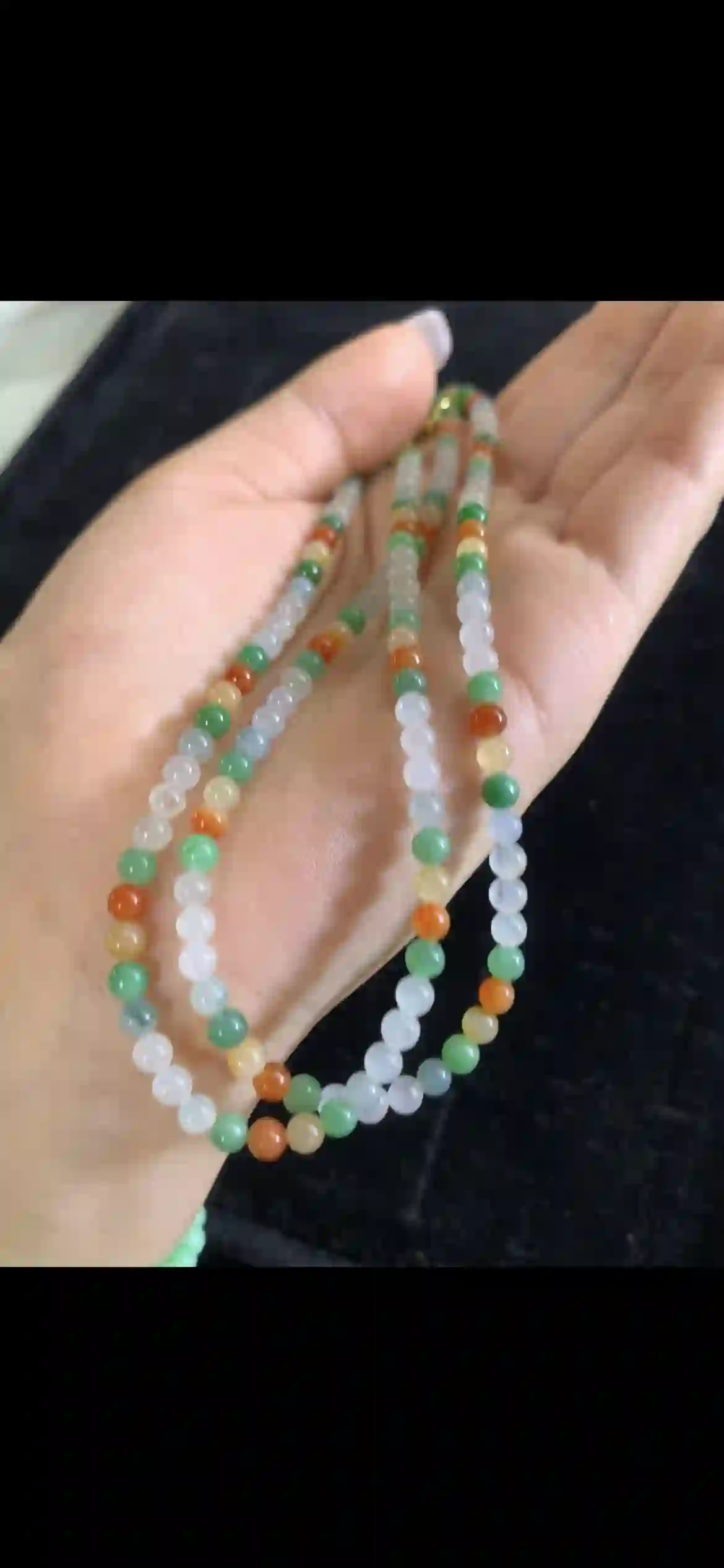 Icy Multicolor Jade Bead Long Necklace — Tri-Color Strands, view 2 | Myanmar Jadeite reference #27870001