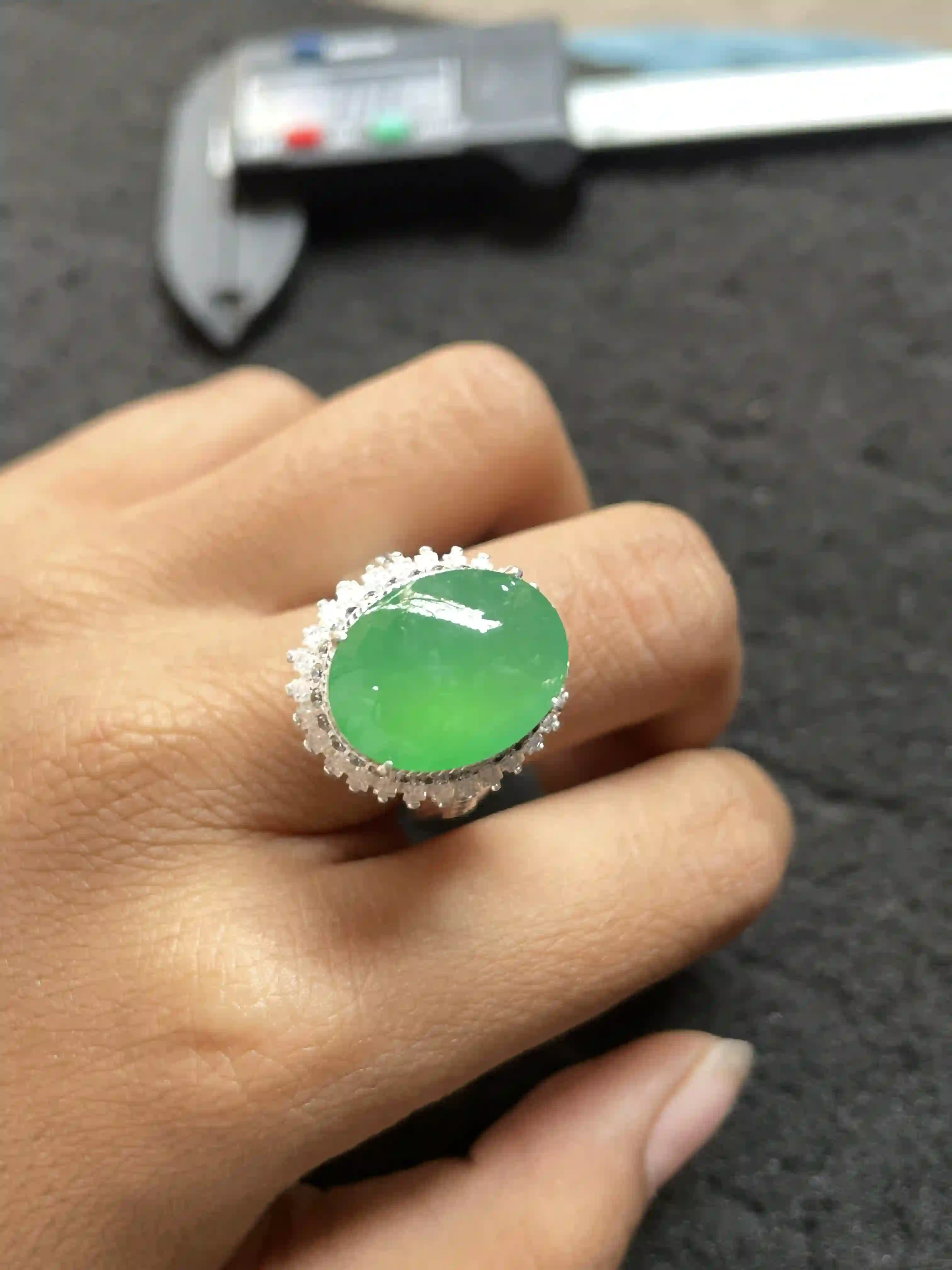  Large Oval Green Jadeite Cocktail Ring with Sparkling Halo, view 2 | Myanmar Jadeite reference #870001