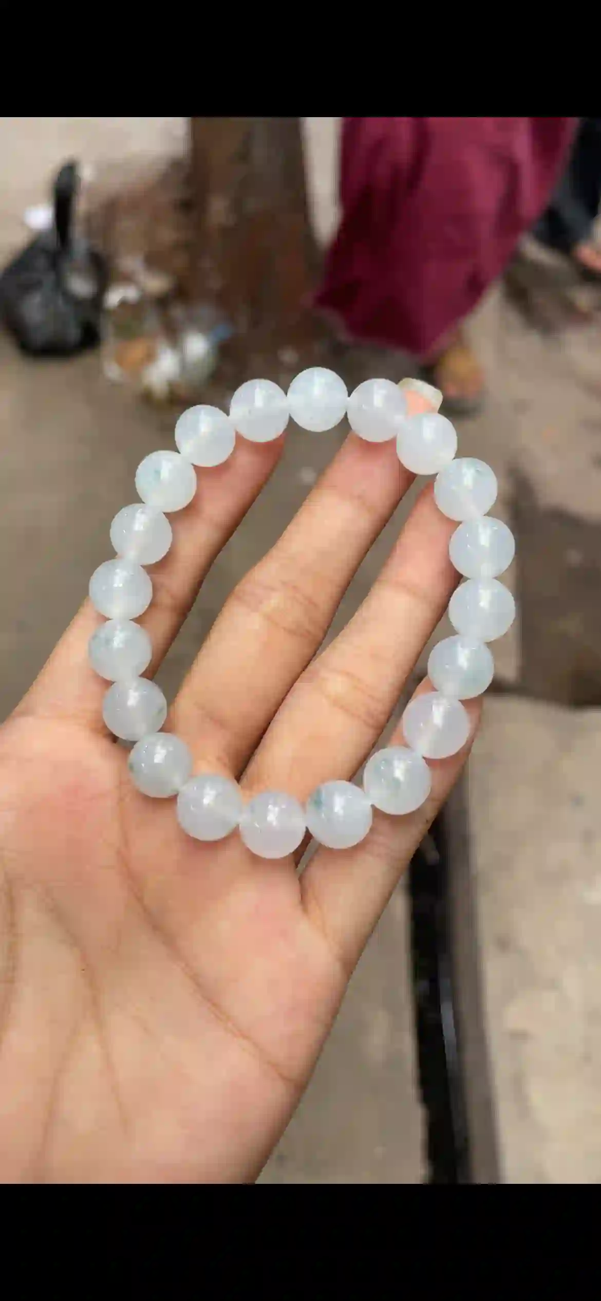  Icy White Floating Blue‑Green Jadeite Bead Bracelet, view 2 | Myanmar Jadeite reference #9780001