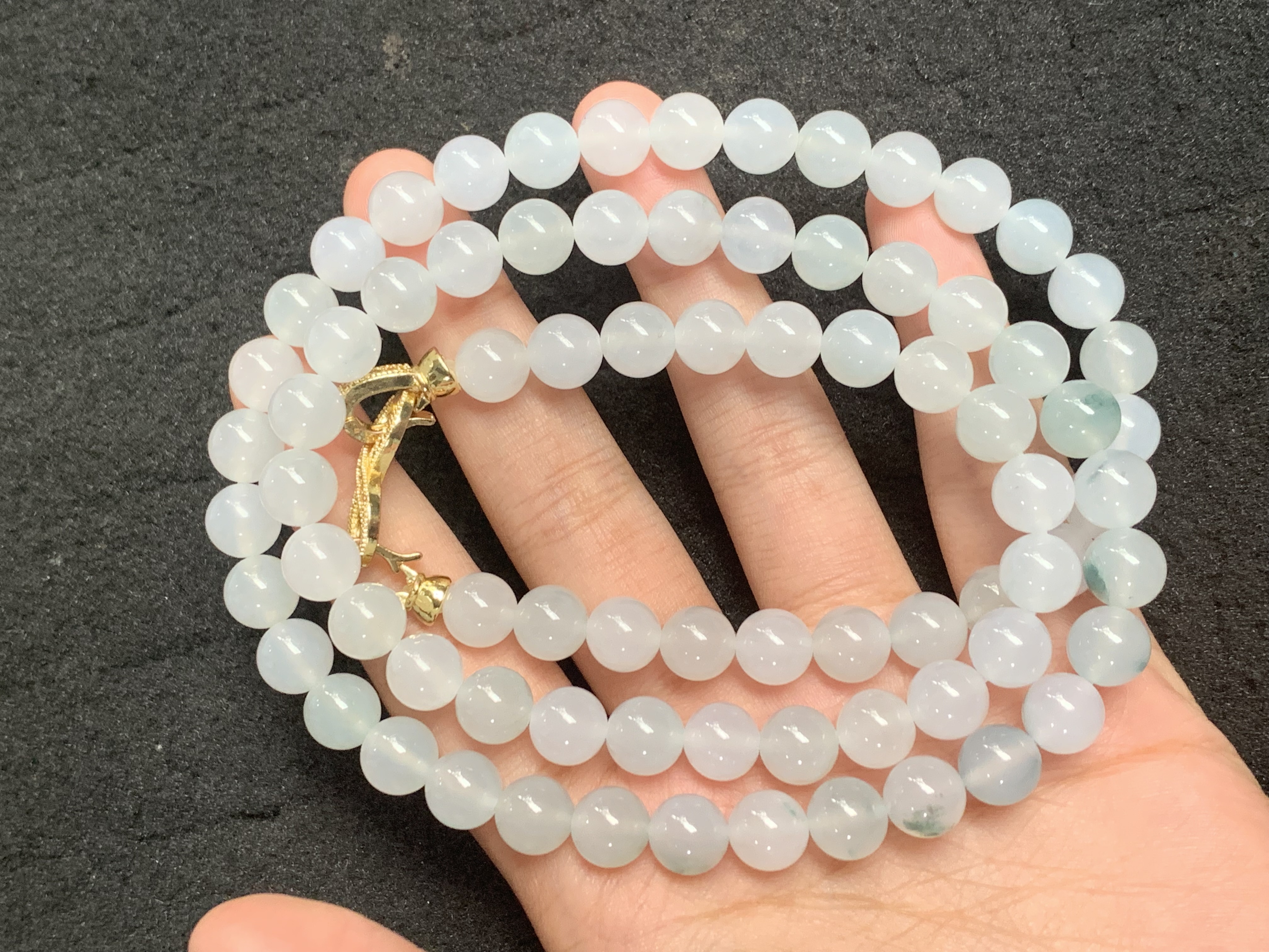 Natural Light Blue-Grey Jadeite Beaded Necklace with Gold Clasp