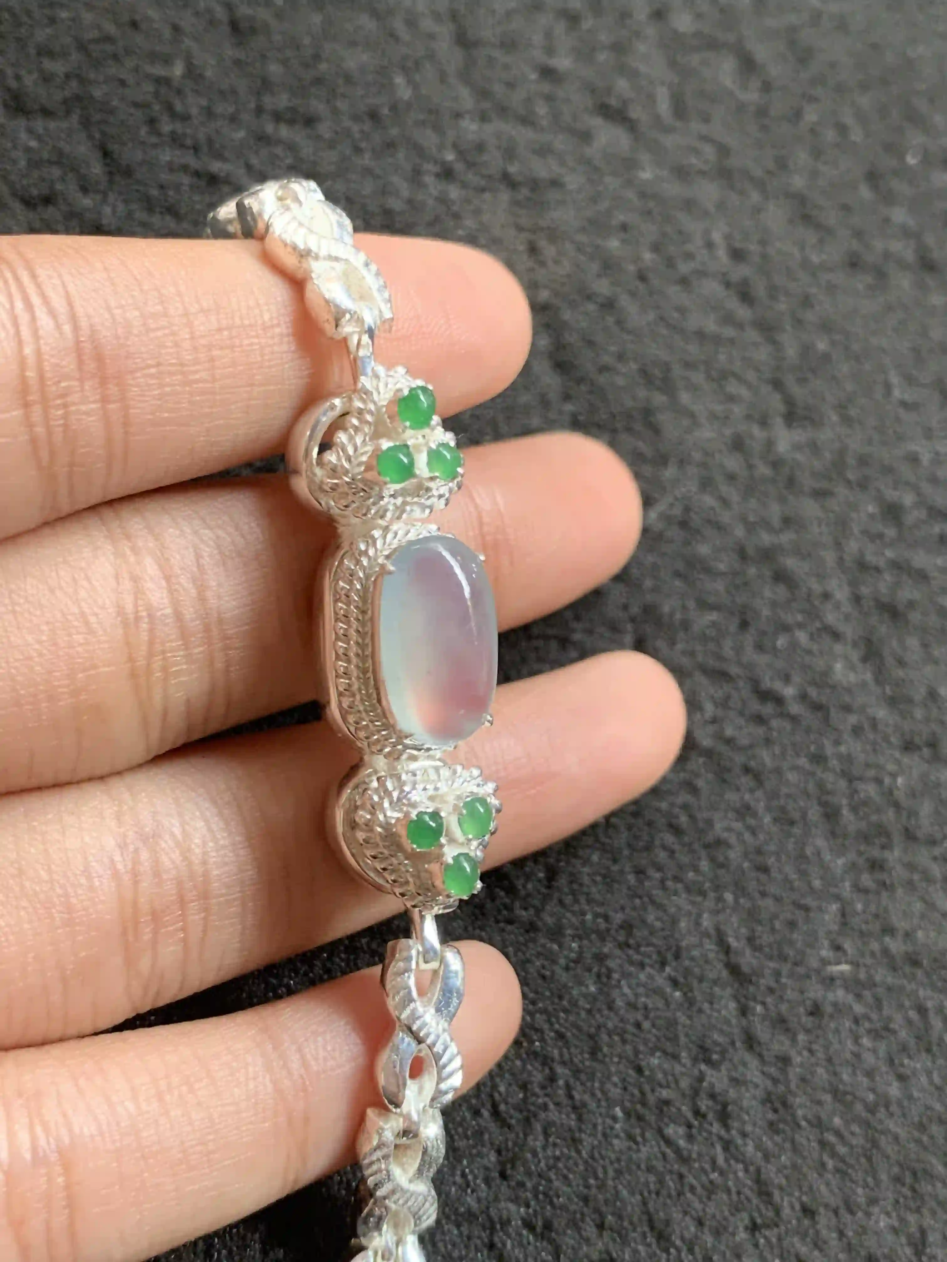 Vintage Silver Bracelet with Jade and Icy Quartz Inlay, view 2 | Myanmar Jadeite reference #2220003