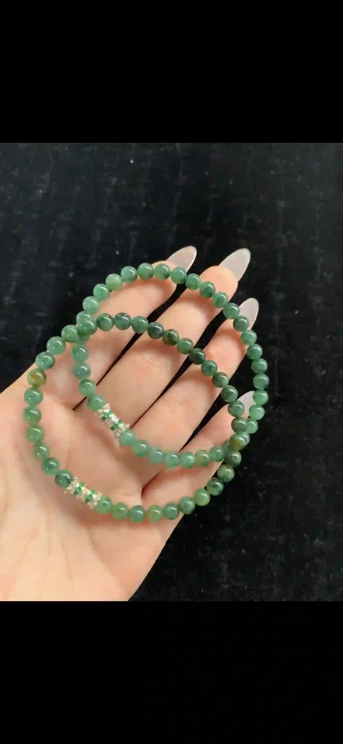 Deep Forest Green Jade Double-Loop Bracelet – Rich Hue with Crystal Accents | Myanmar Jadeite reference #31650001