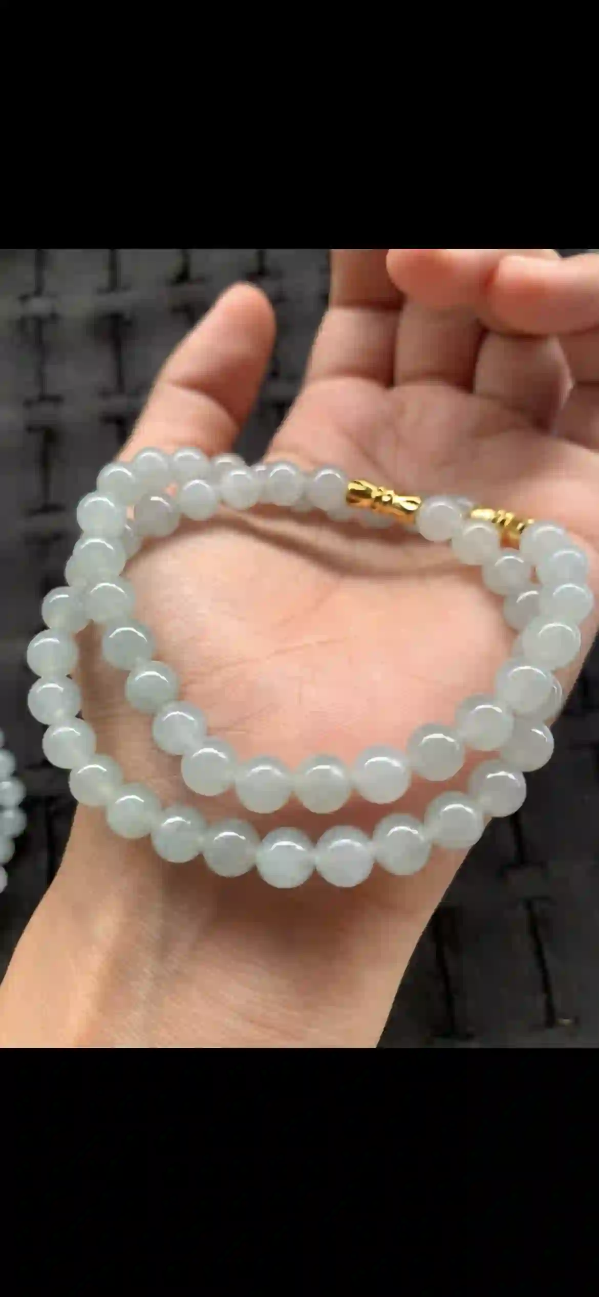 Icy White Jade Bead Necklace with Gold Magnetic Clasp, view 2 | Myanmar Jadeite reference #18510001