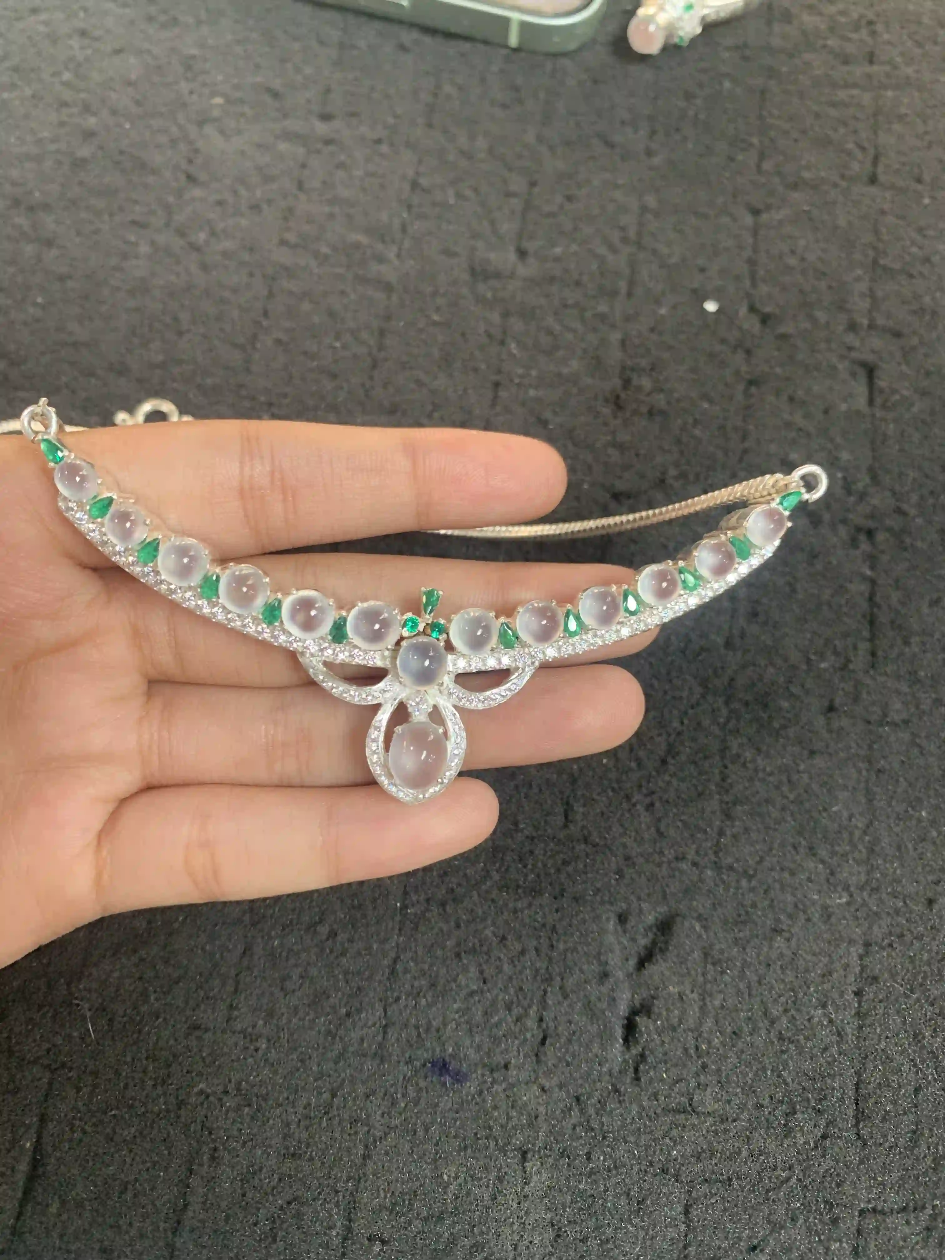 Exquisite Translucent Jade, Green Gem & Sparkling Stone Embellished Necklace | Myanmar Jadeite reference #1590003