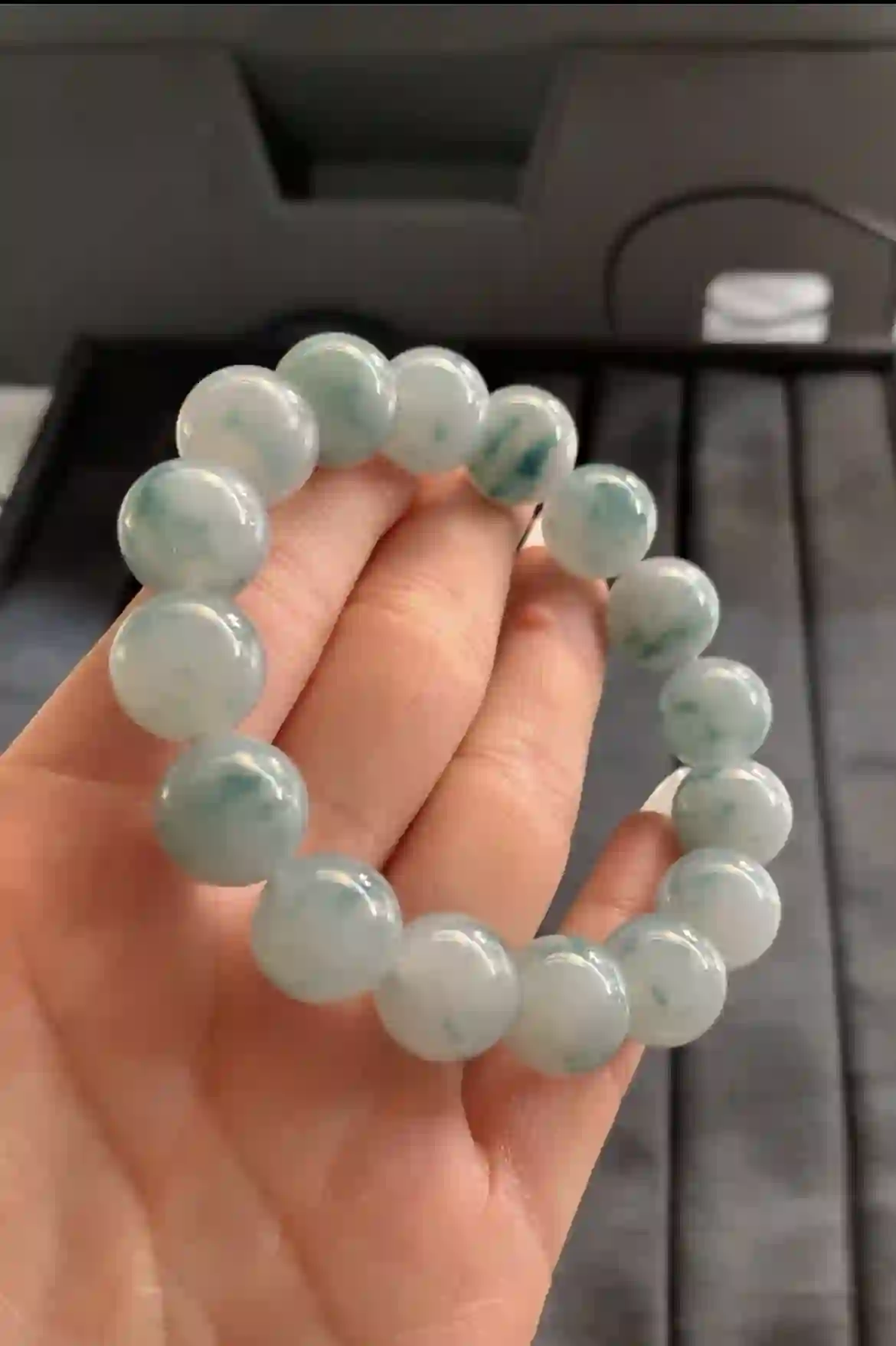 Natural Icy White Jade with Blue Green Patterns Bracelet | Myanmar Jadeite reference #2010005