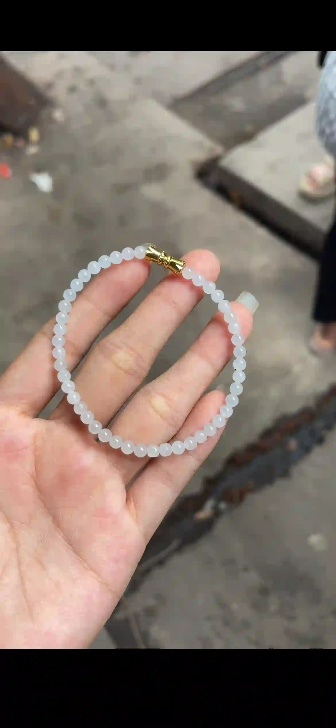 Icy White Jade Bead Bracelet with Gold Barrel Clasp, view 2 | Myanmar Jadeite reference #19560001