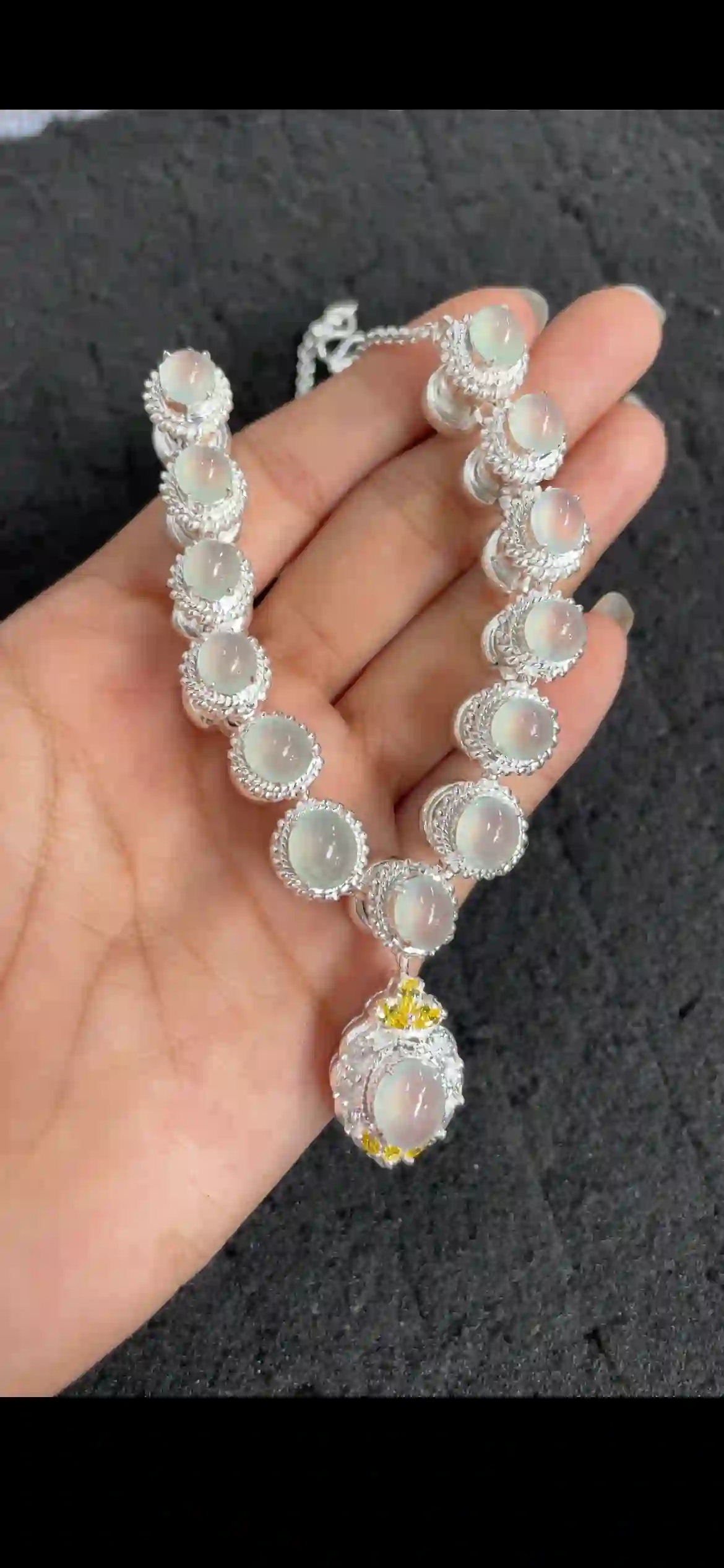 Icy Translucent Jadeite Cabochon Silver Plated Necklace Set, view 2 | Myanmar Jadeite reference #12000001