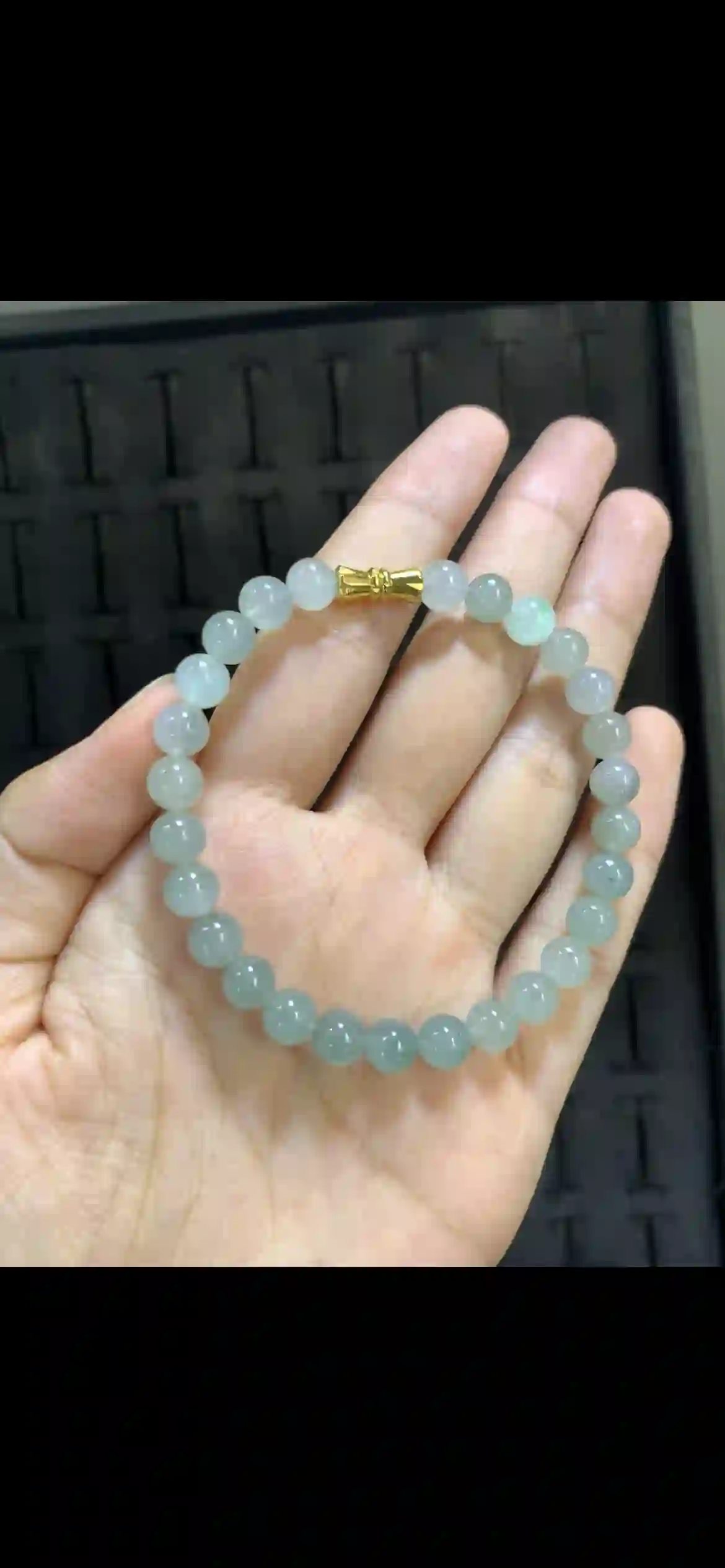 Icy Pale Blue-Green Gradient Jade Bead Bracelet with Gold Clasp, view 2 | Myanmar Jadeite reference #20040001
