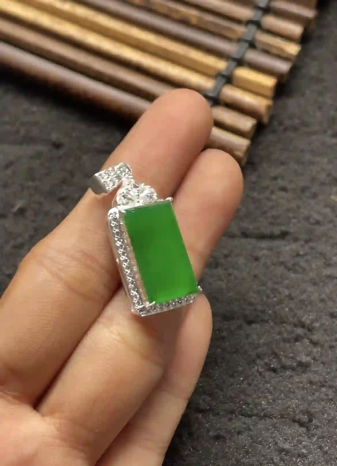 Natural Vivid Green Jadeite Rectangular Pendant | Myanmar Jadeite reference #2430002