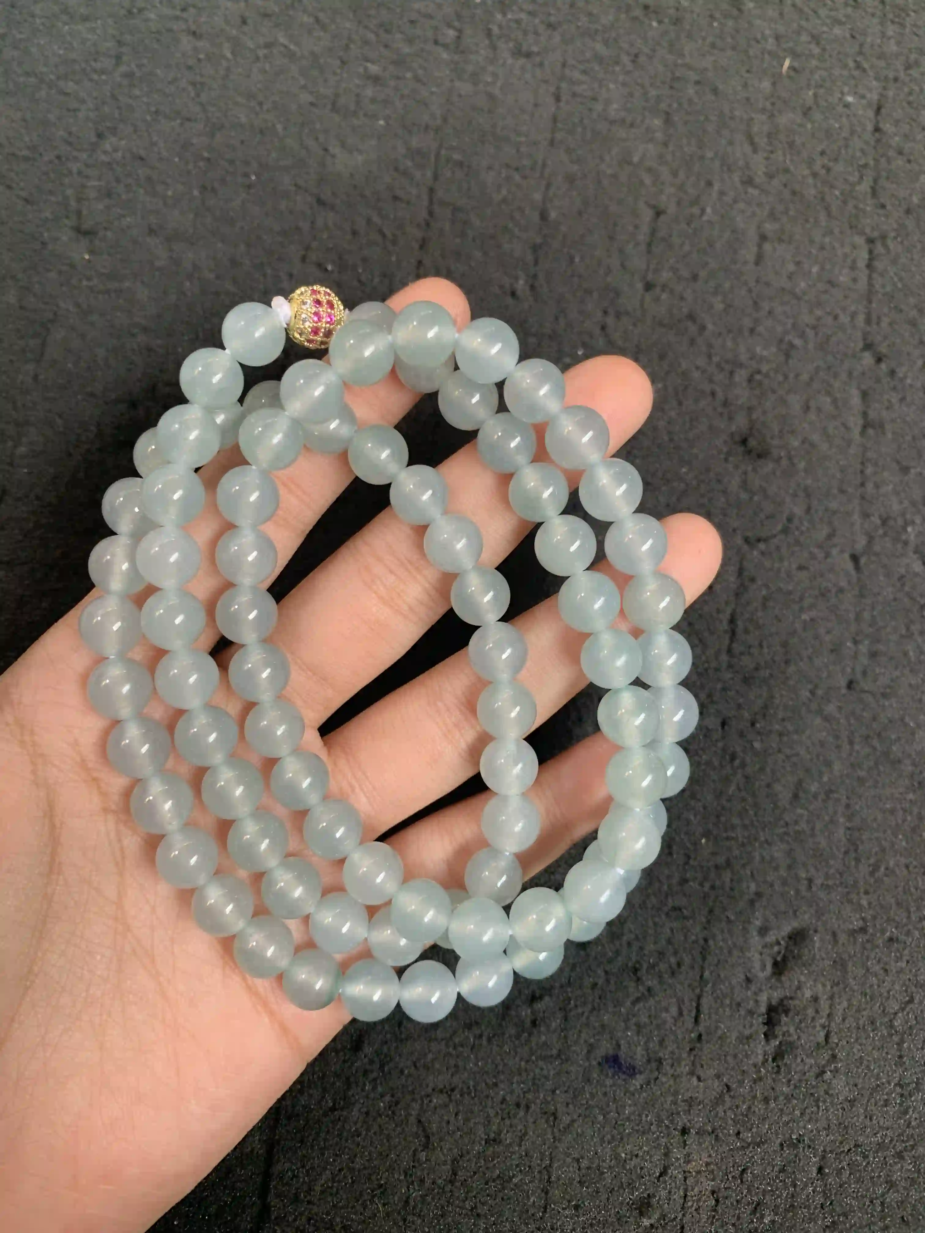 Elegant Light Blue Jade Bead Necklace with Decorative Accent, view 2 | Myanmar Jadeite reference #1380001