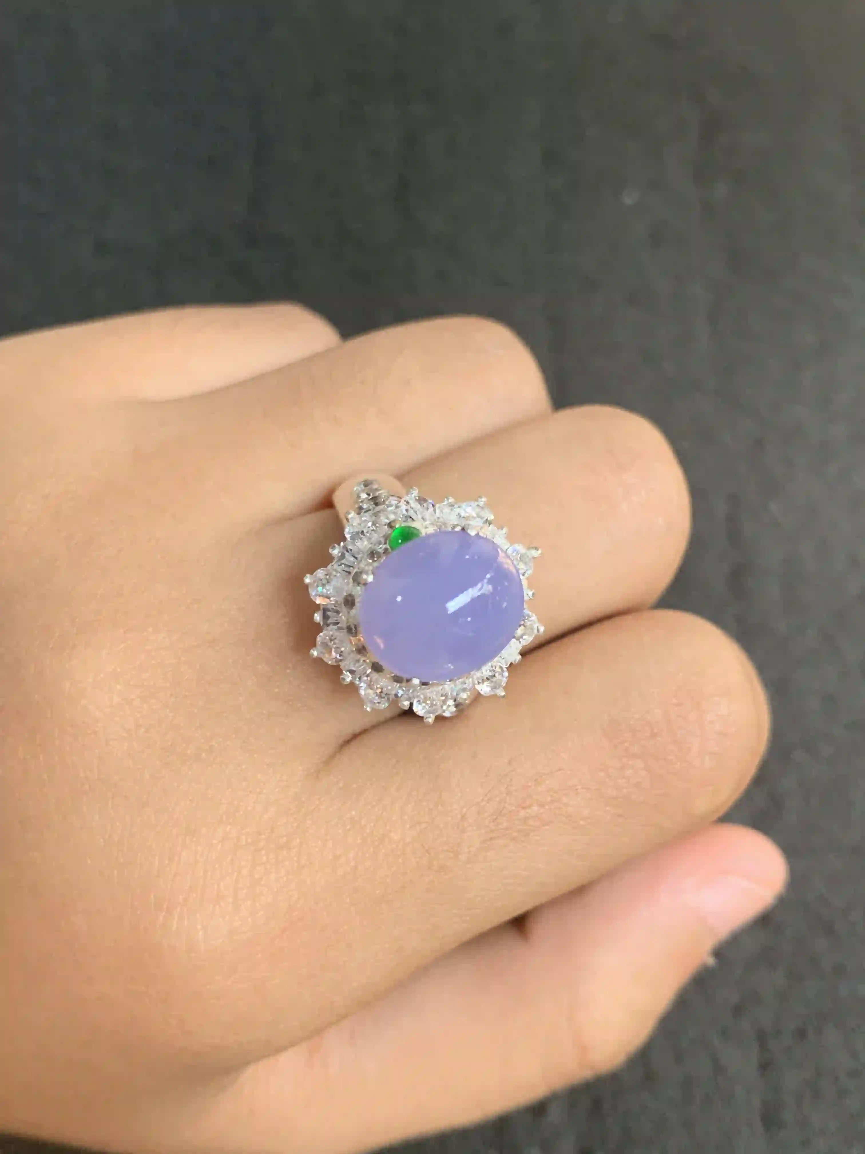 Lavender Jadeite Ring with Clear Crystals and Green Accent, view 2 | Myanmar Jadeite reference #930001