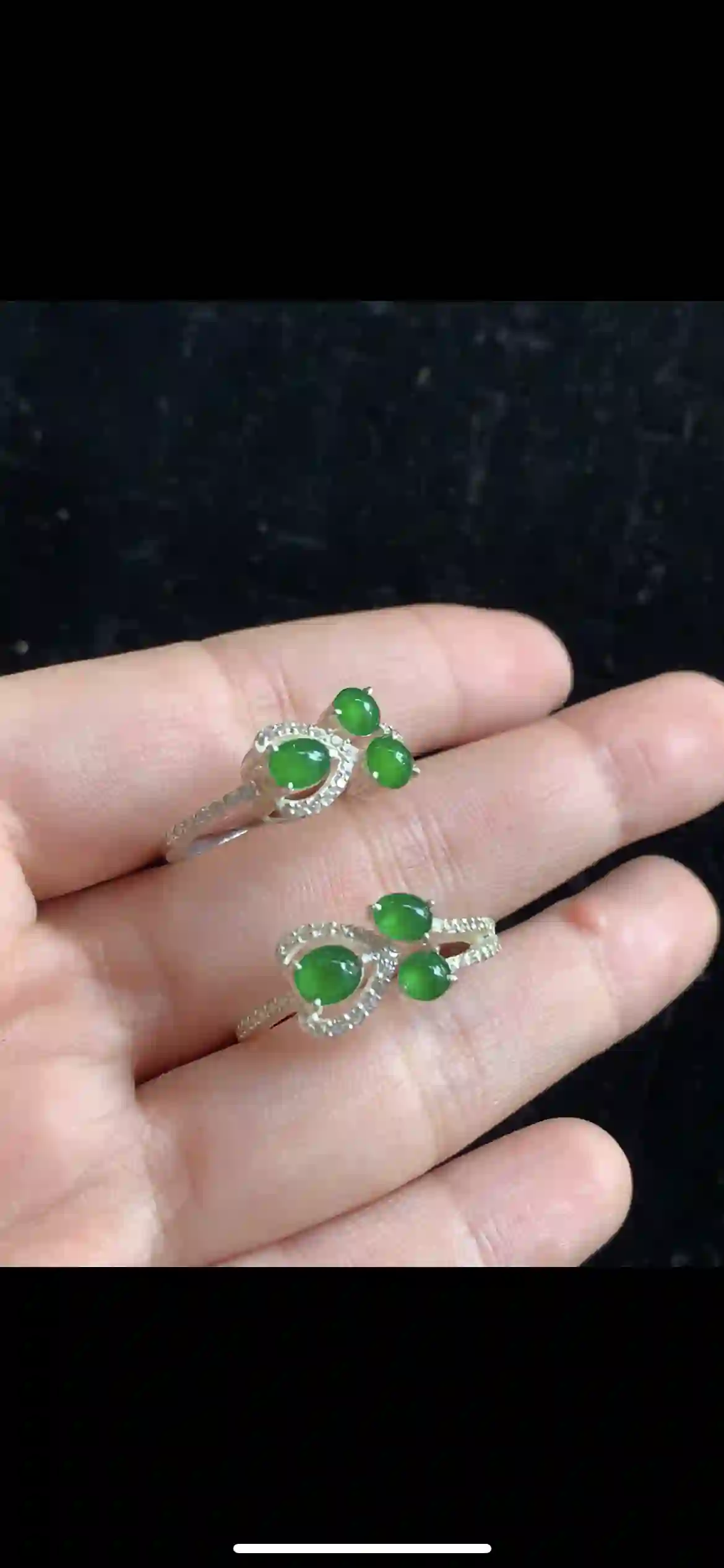 Pair of Vibrant Imperial Green Jade Three-Stone Rings — Diamond Halo Silver Settings | Myanmar Jadeite reference #34410003