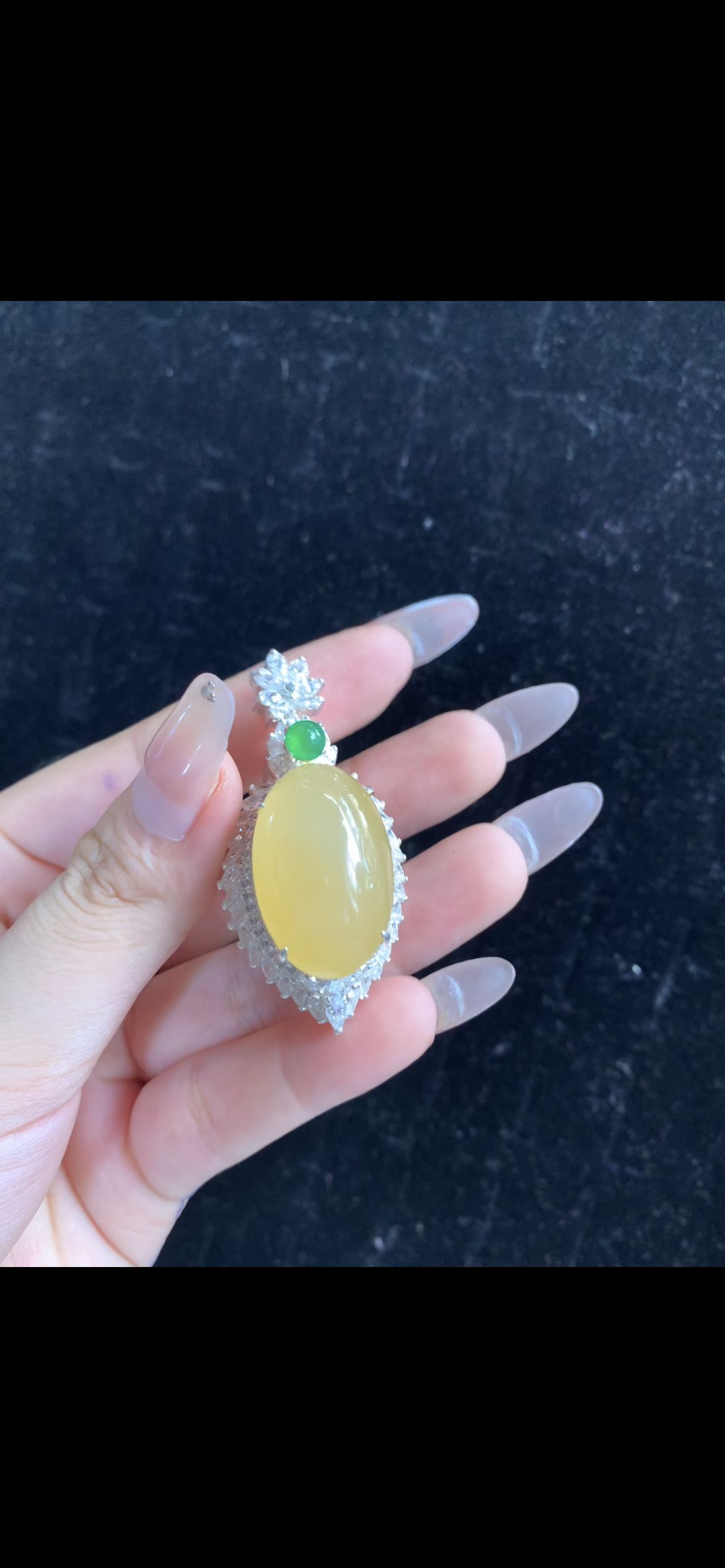 Luxurious Golden-Yellow Jade Pendant with Emerald Accent & Diamond Halo