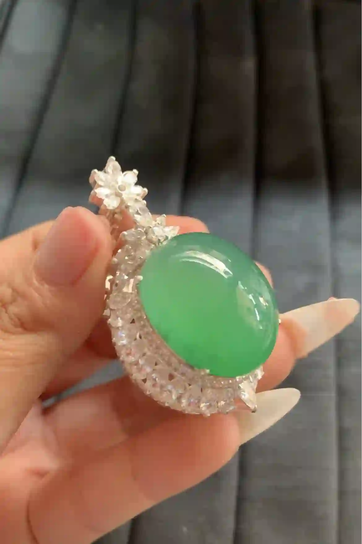 Natural Icy Green Jade Pendant with Diamond Setting, view 2 | Myanmar Jadeite reference #1920005