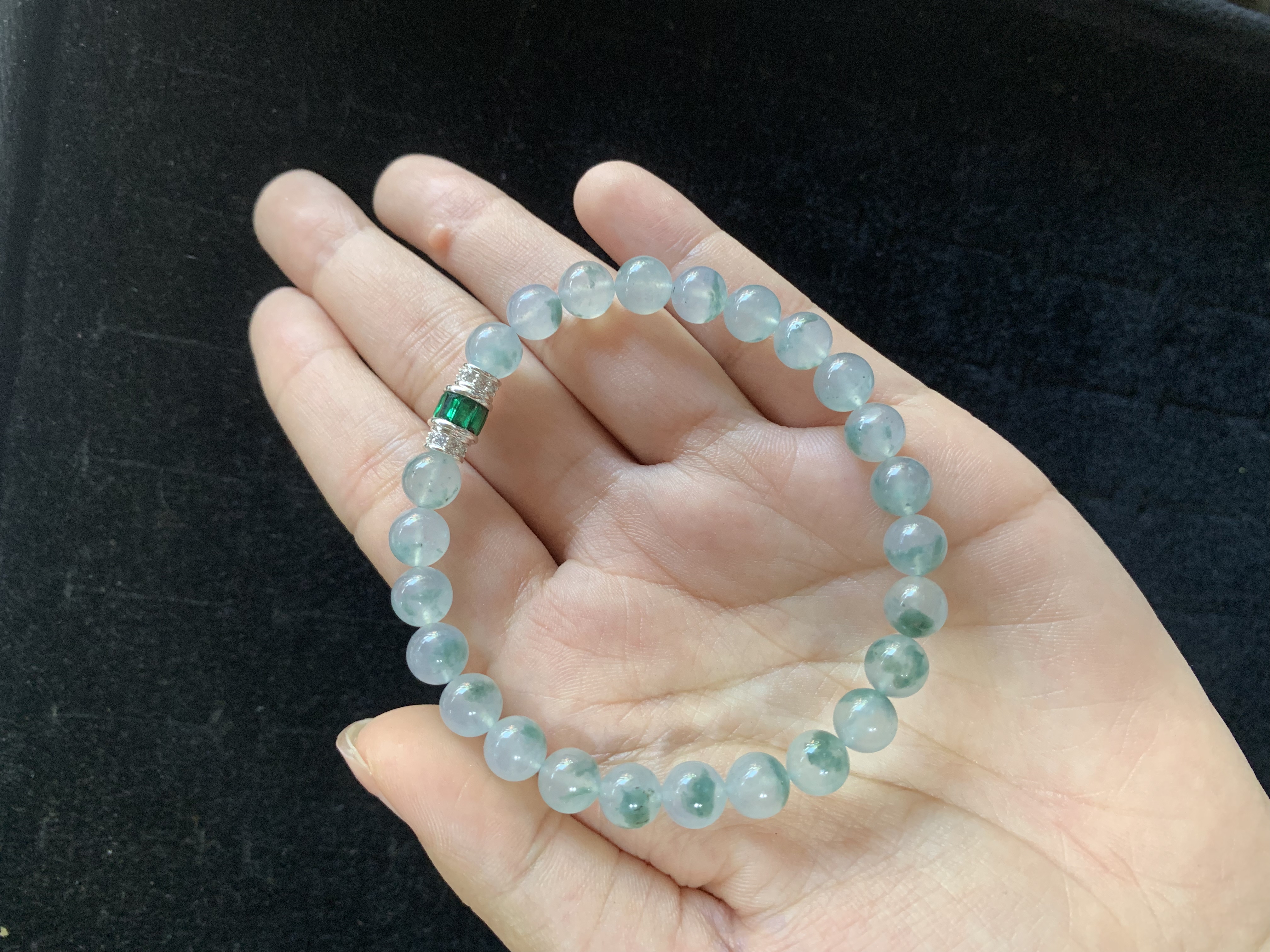 Icy Floating Green Jade Beaded Bracelet with Emerald Accent