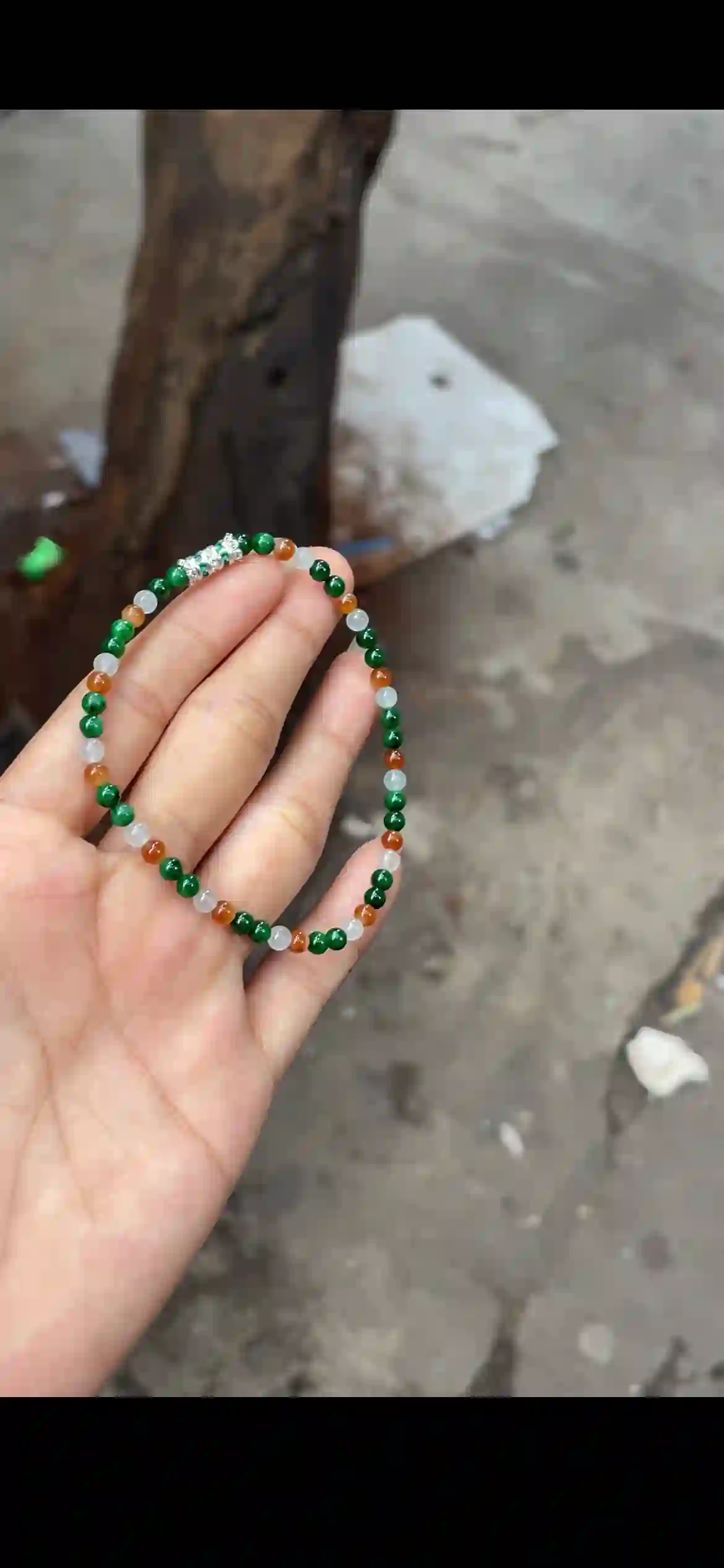 Emerald Green, Amber & Icy White Mini Jade Bead Bracelet with Crystal Accent, view 2 | Myanmar Jadeite reference #21840002