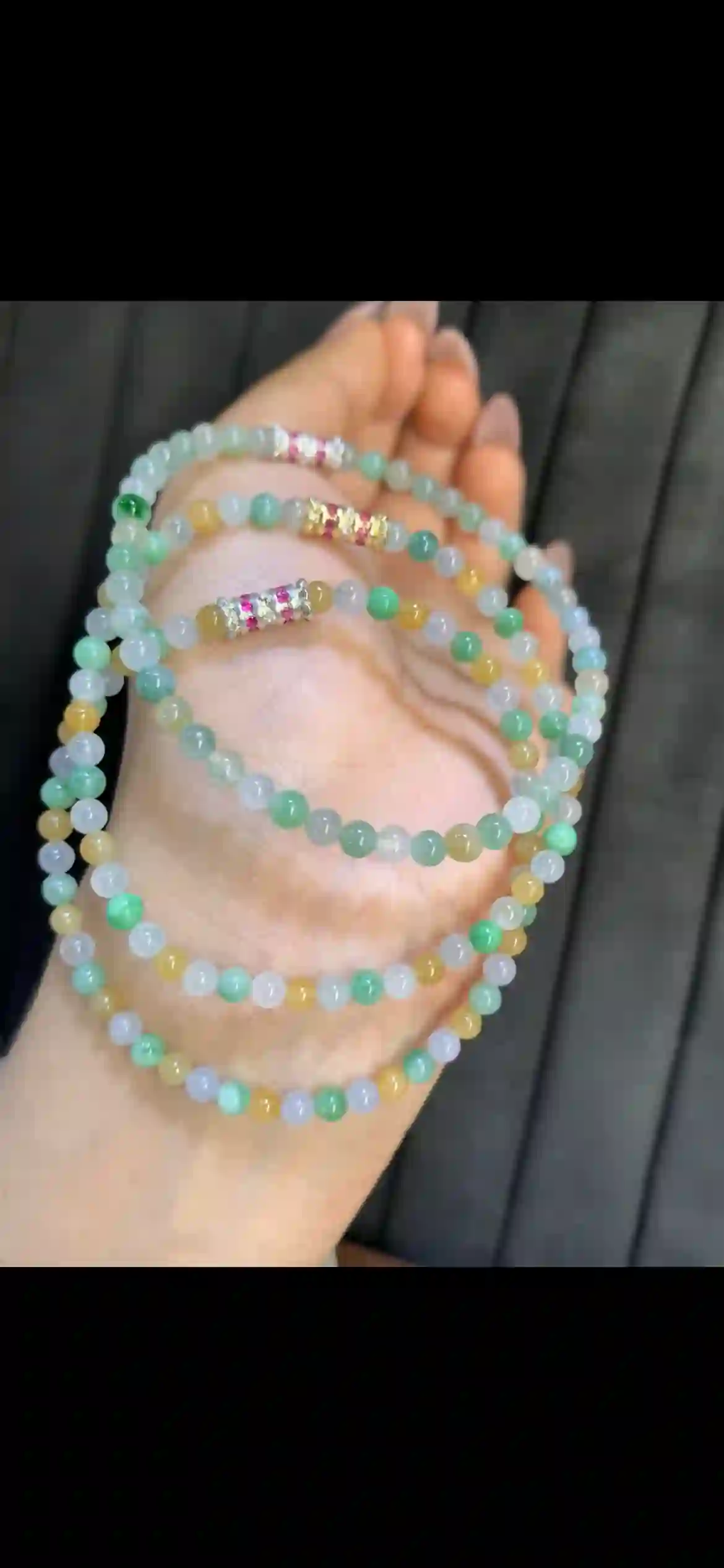 Multi-Color Icy Jadeite Three-Layer Bead Bracelet, view 2 | Myanmar Jadeite reference #8310002