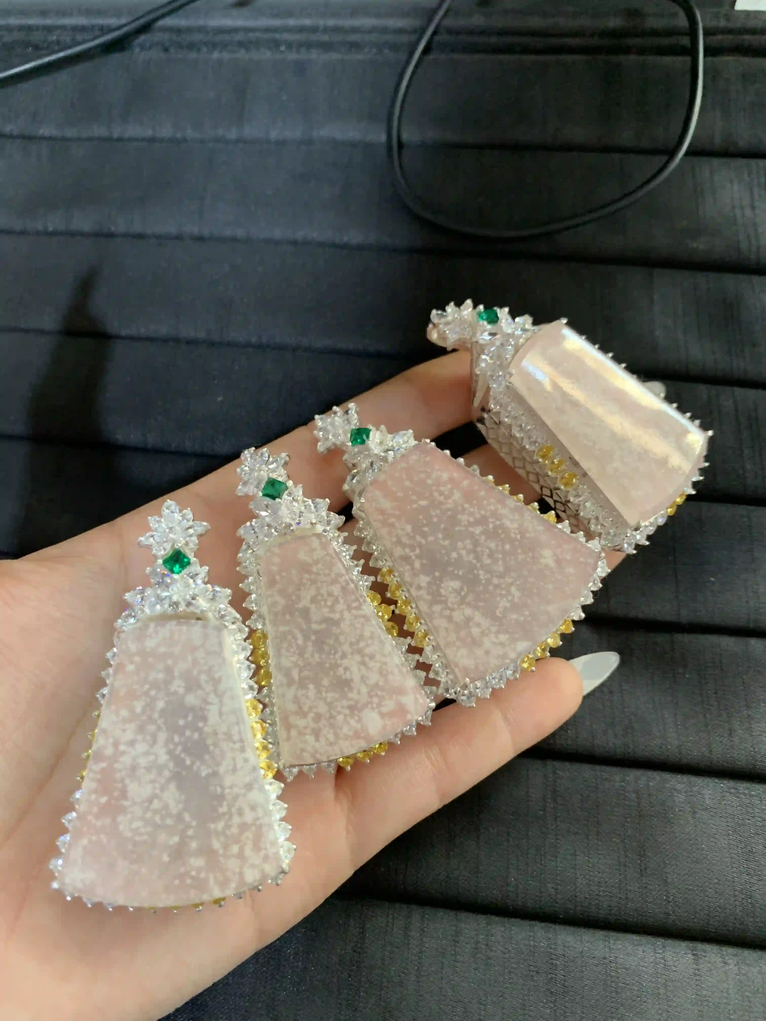 Collection of Pink Speckled Gem Pendants with Embellished Settings , view 2 | Myanmar Jadeite reference #1350004