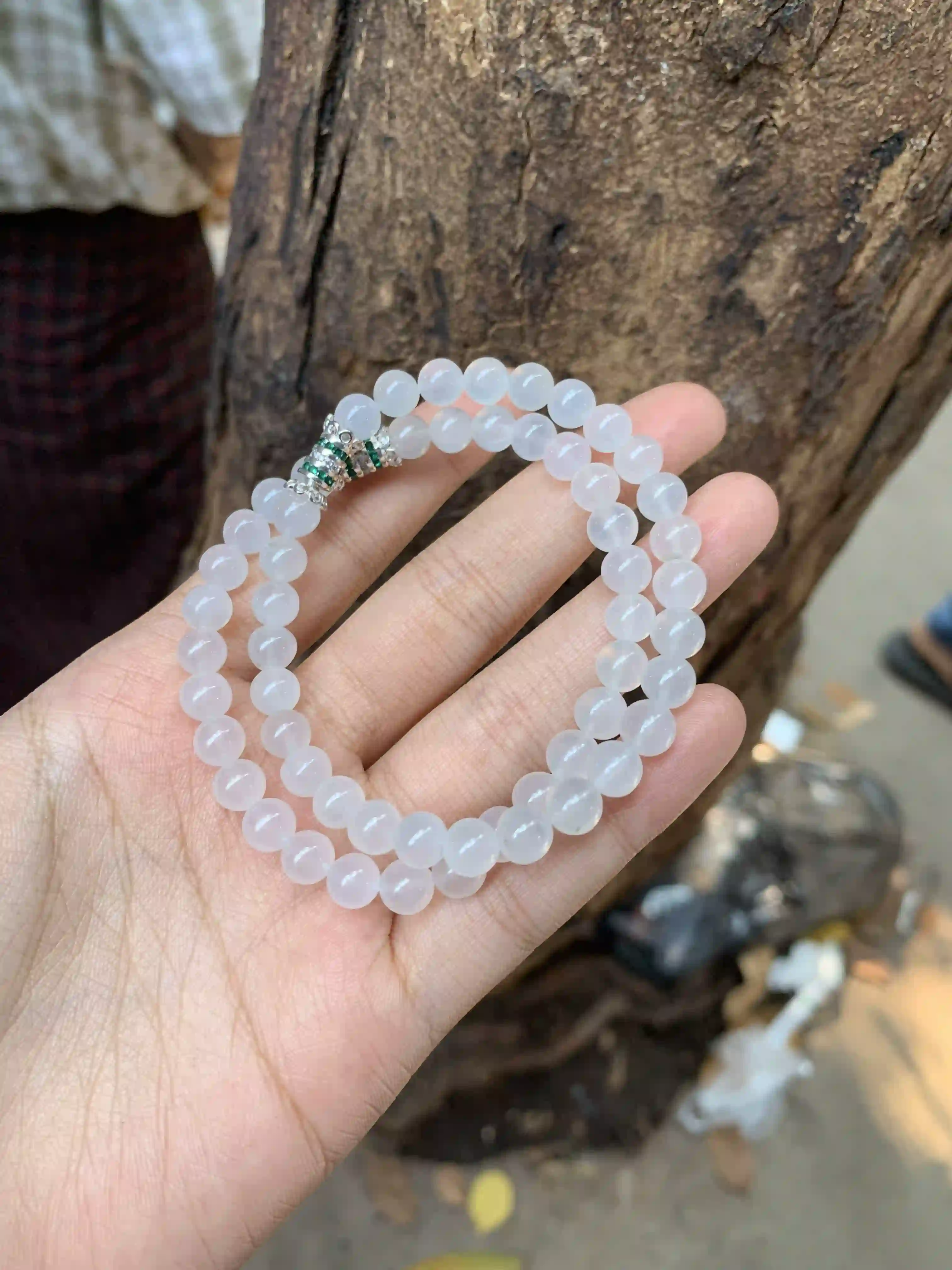 Natural Icy White Jade Bead Bracelet, view 2 | Myanmar Jadeite reference #1860005