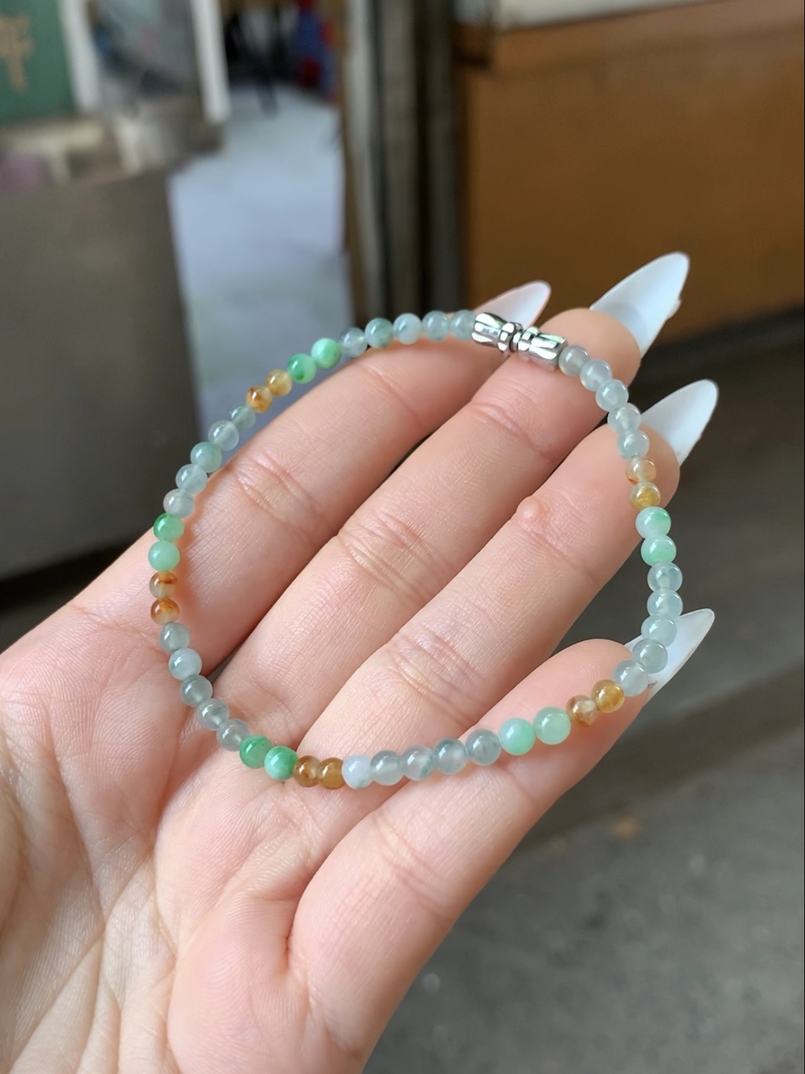 Dainty Multi-Hued Jadeite Beaded Bracelet with Silver-Toned Clasp