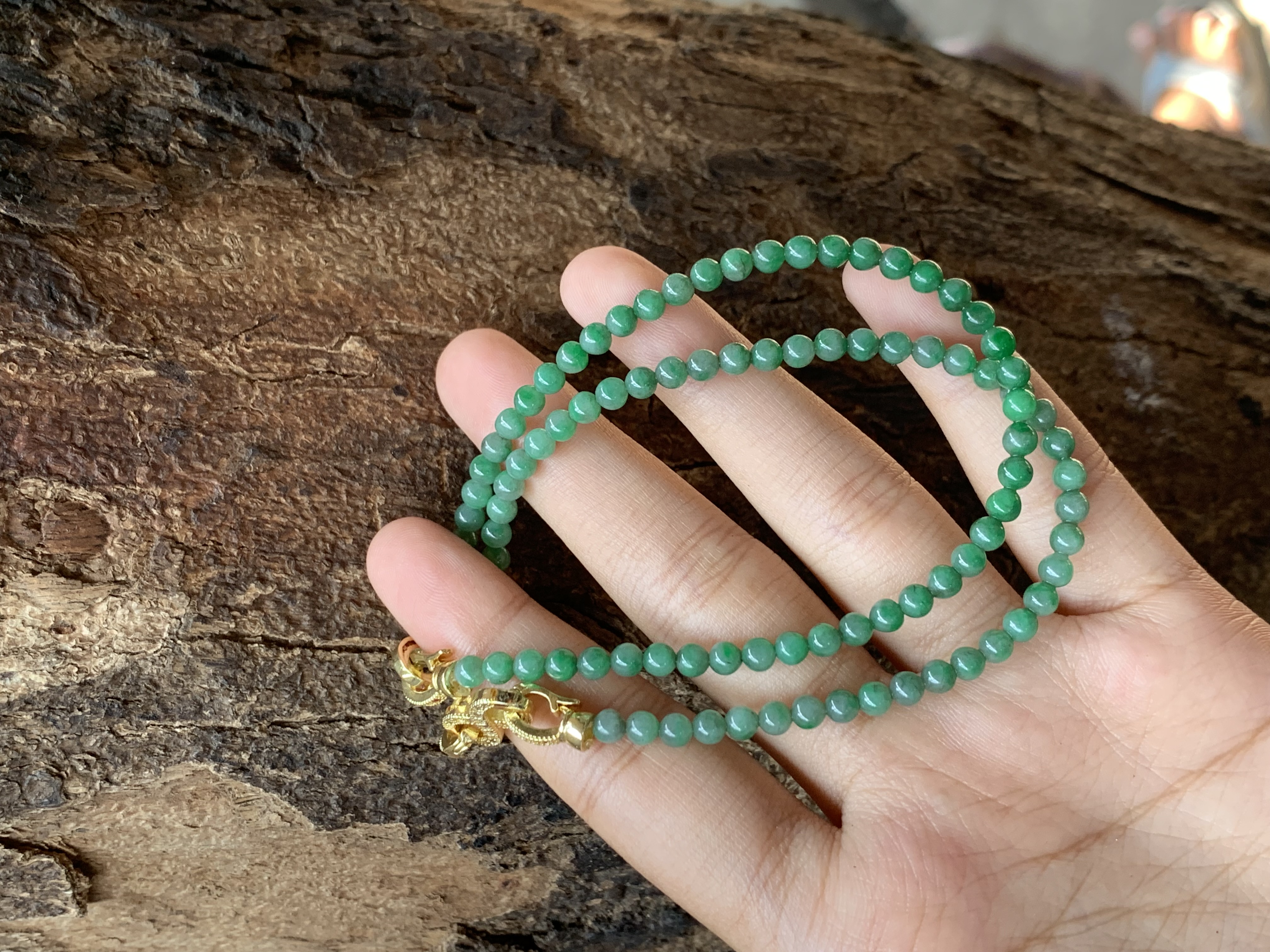 Natural Green Jade Beaded Necklace with Gold Clasp - Burmese Jadeite Type A from Hpakant, Myanmar | Myanmar Jadeite