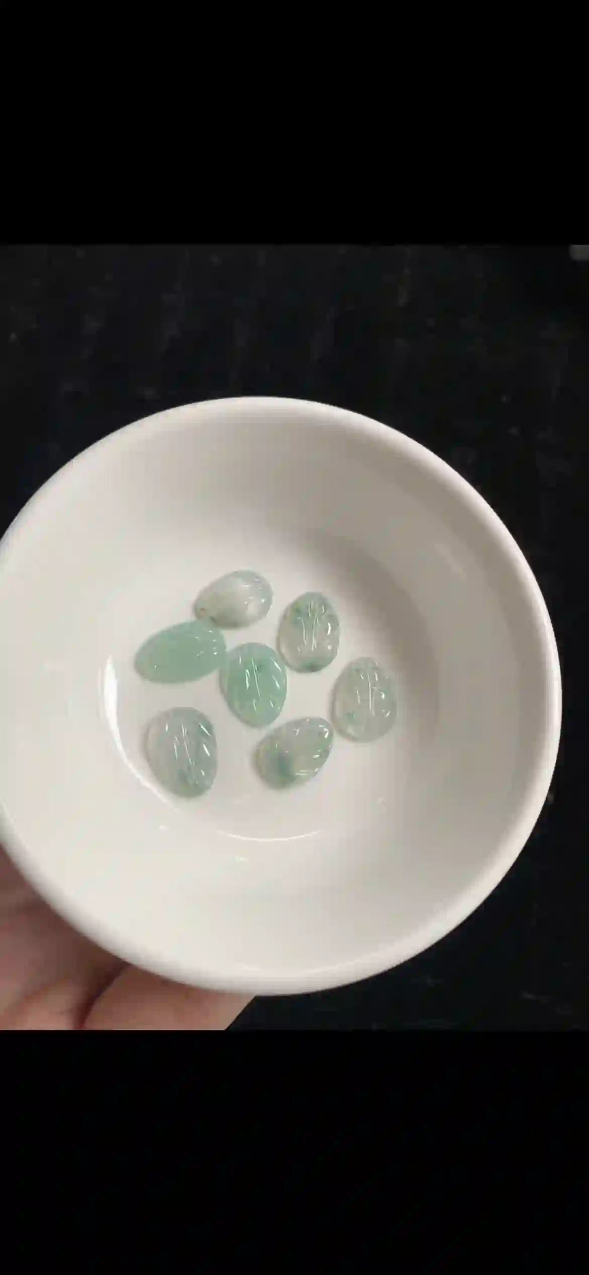Set of Six Carved Jade Leaf Cabochons — Icy & Spring Green | Myanmar Jadeite reference #35700001