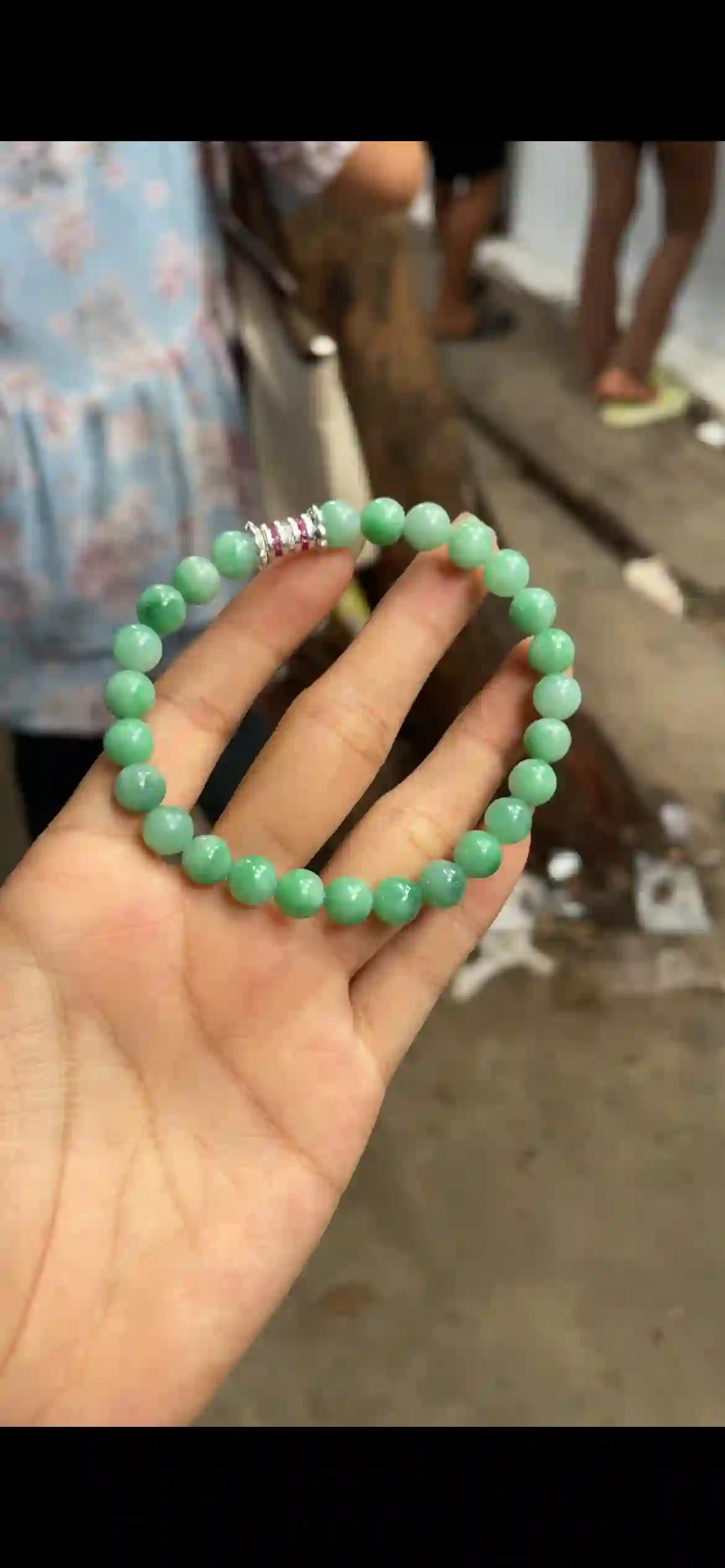 Natural Green Jadeite Beaded Bracelet with Silver Accent | Myanmar Jadeite reference #8340001