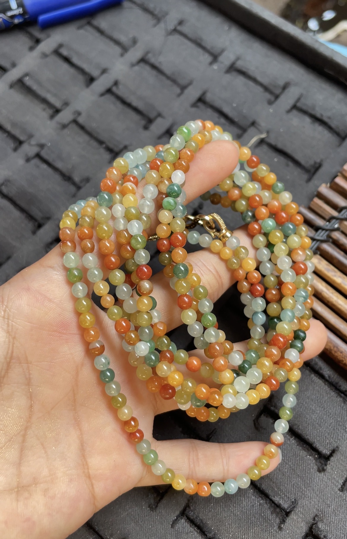 Natural Multicolor Jade Bead Necklace with Gold Clasp - Burmese Jadeite from Myanmar