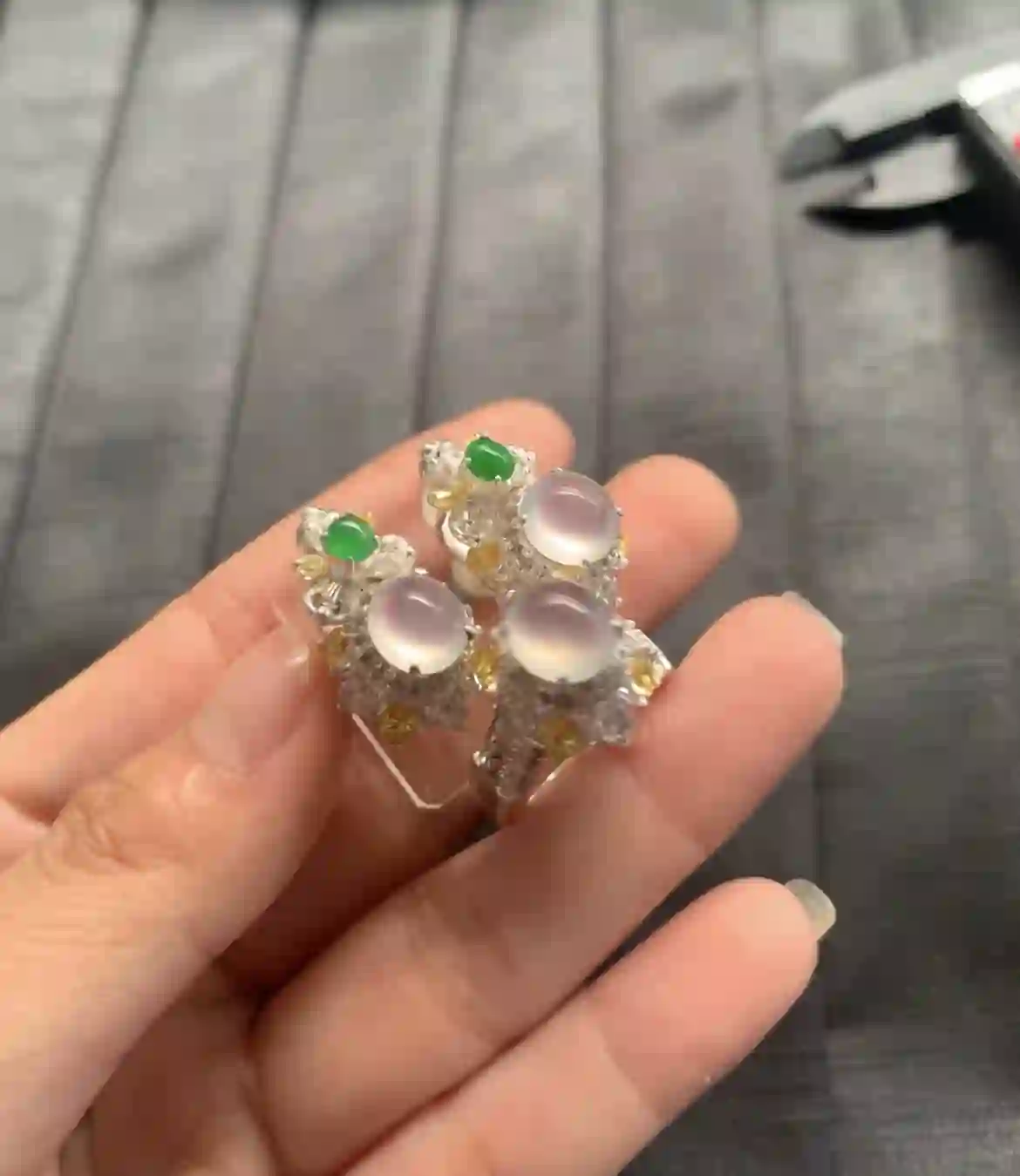  Natural Icy White Jadeite Earrings with Green & Yellow Accents | Myanmar Jadeite reference #2400004