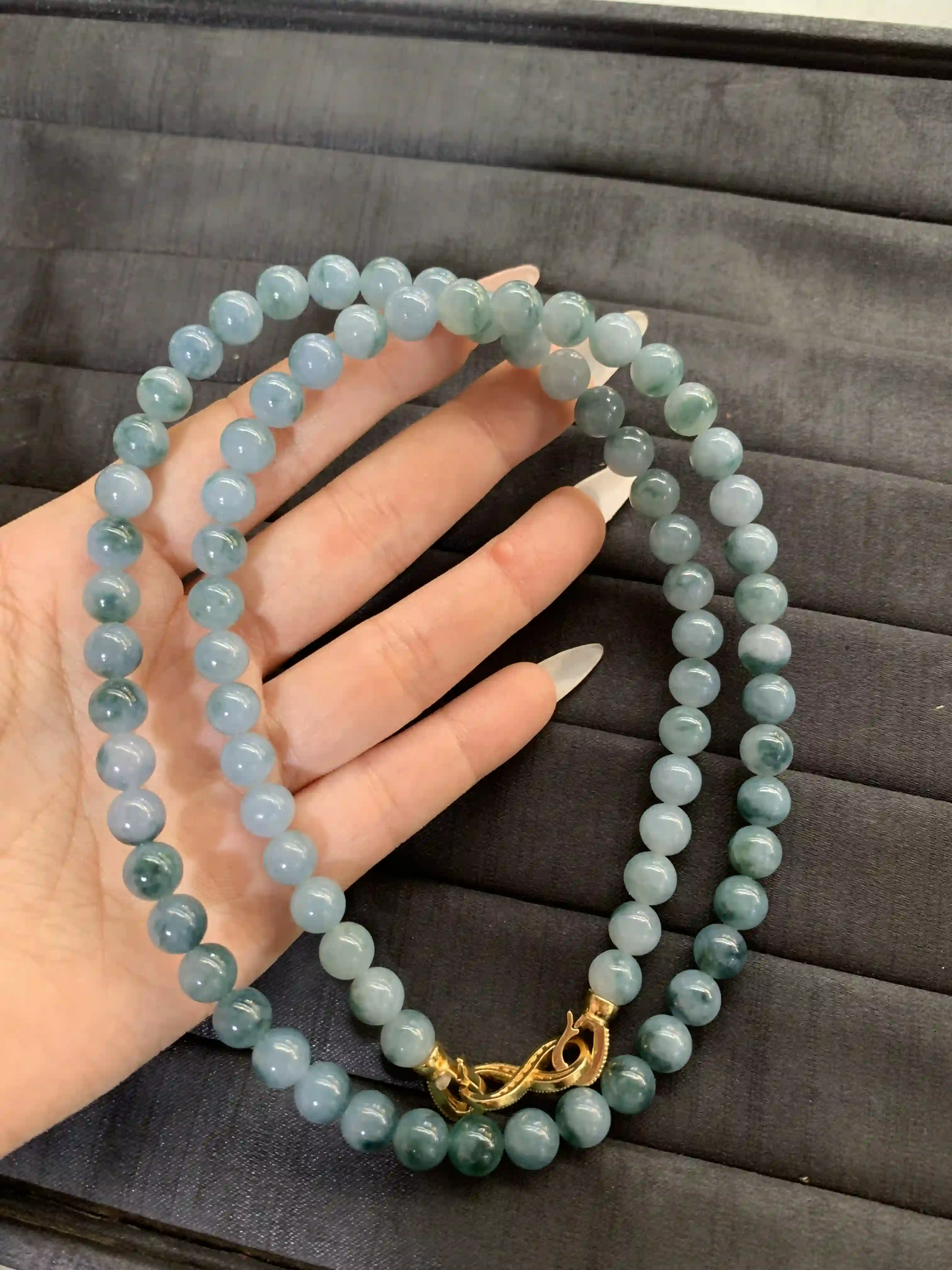 Jadeite Beaded Necklace with Gold Clasp, view 2 | Myanmar Jadeite reference #1470001