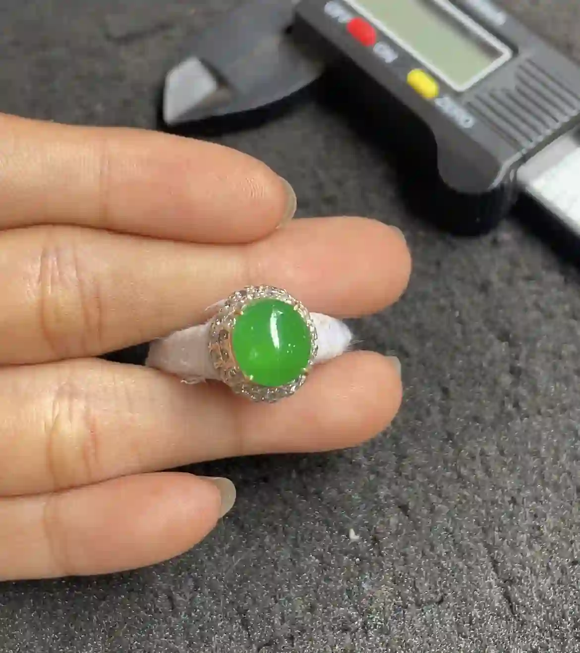 Natural Vivid Green Jade Ring with Diamond Halo | Myanmar Jadeite reference #2490007