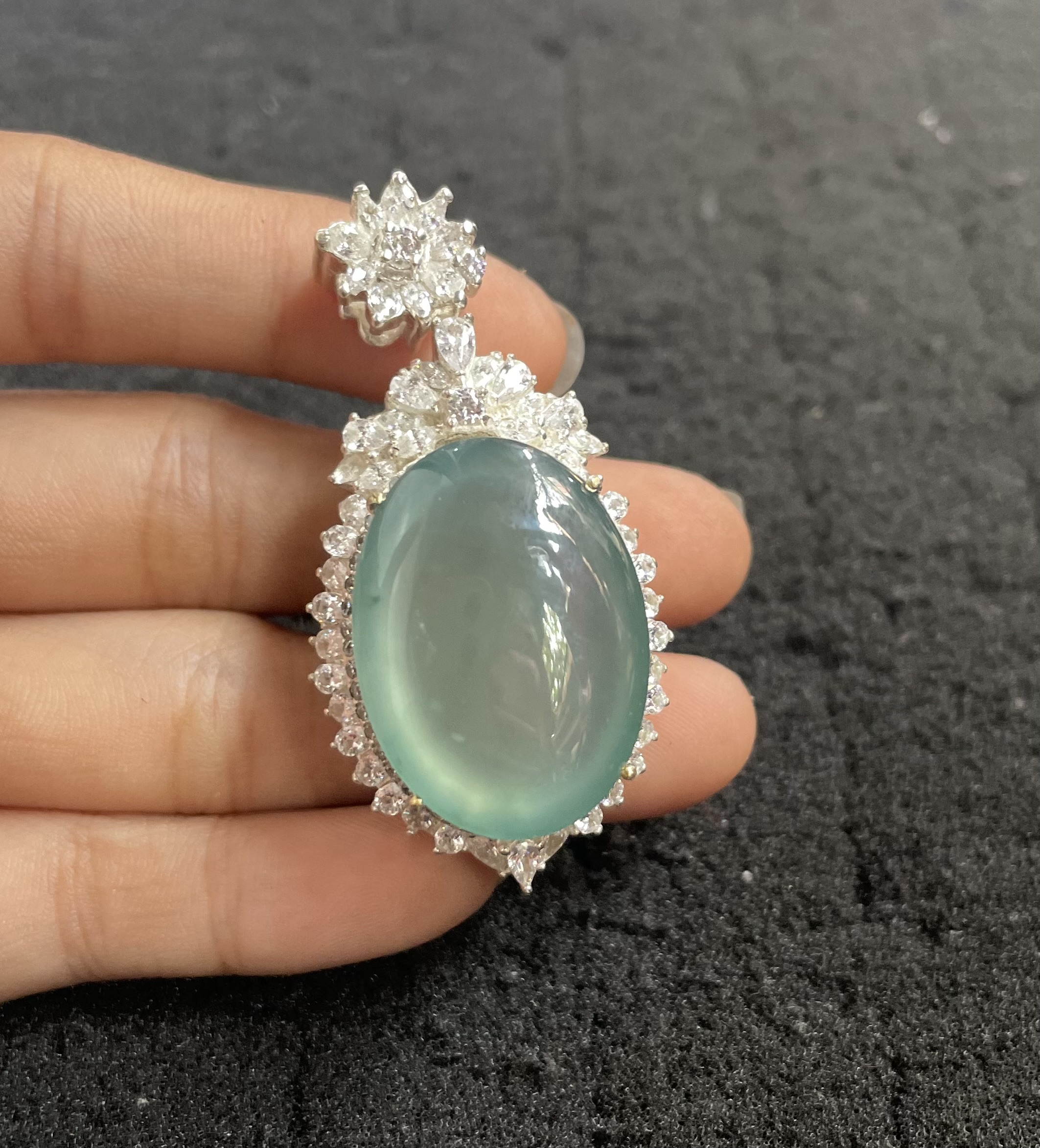 Premium Aquamarine-Toned Jadeite Pendant with Diamond-Like Accented Silver-Toned Setting
