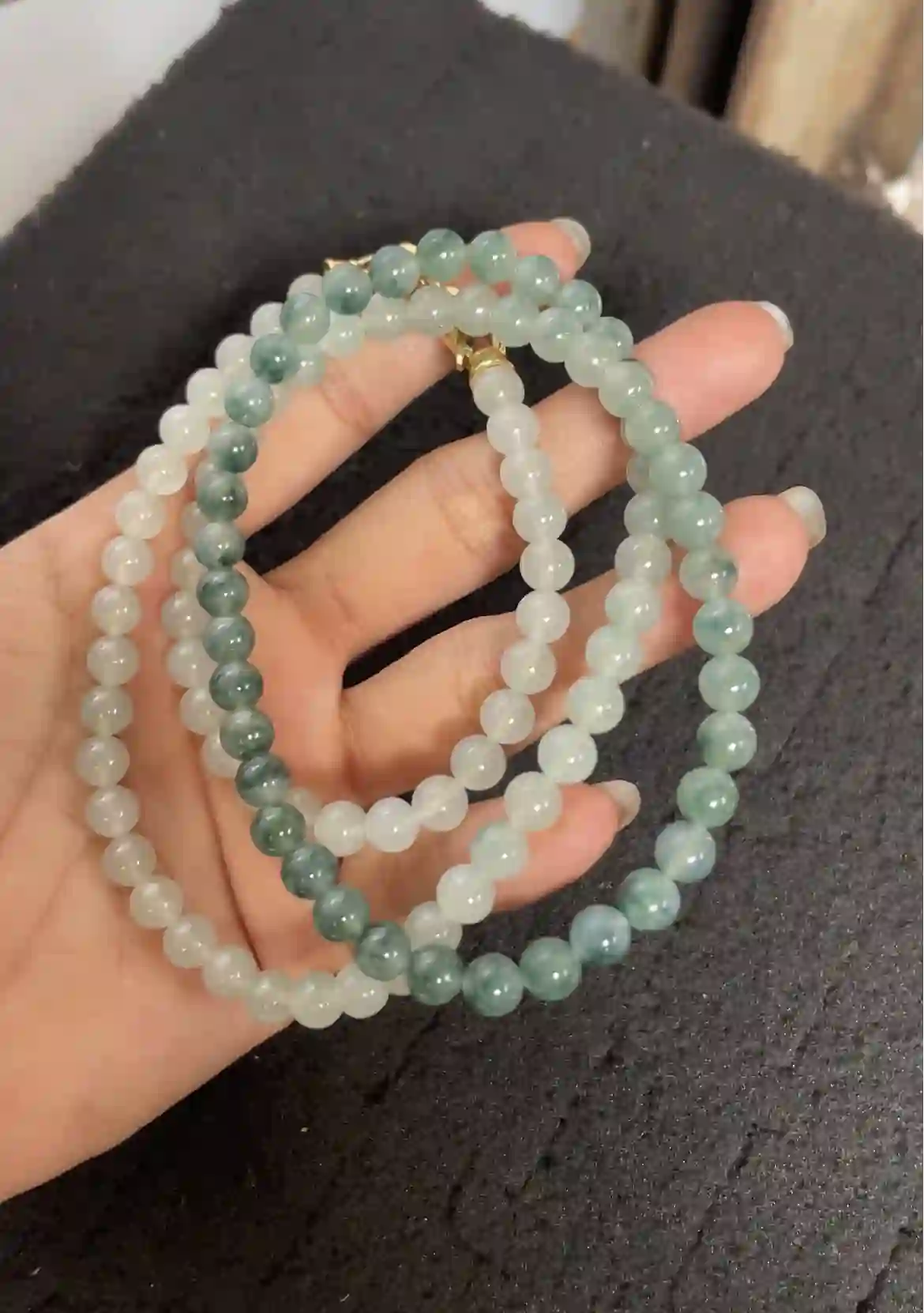 Icy Translucent Floating Flower Jadeite Long Beaded Necklace with Gold Plated Clasp, view 2 | Myanmar Jadeite reference #3420002