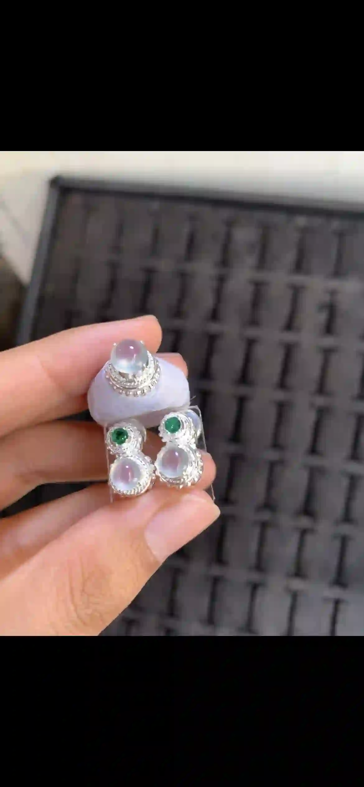 Icy Pale Jade & Vivid Green Gem Stud Earrings with Matching Ring Set, view 2 | Myanmar Jadeite reference #18330001