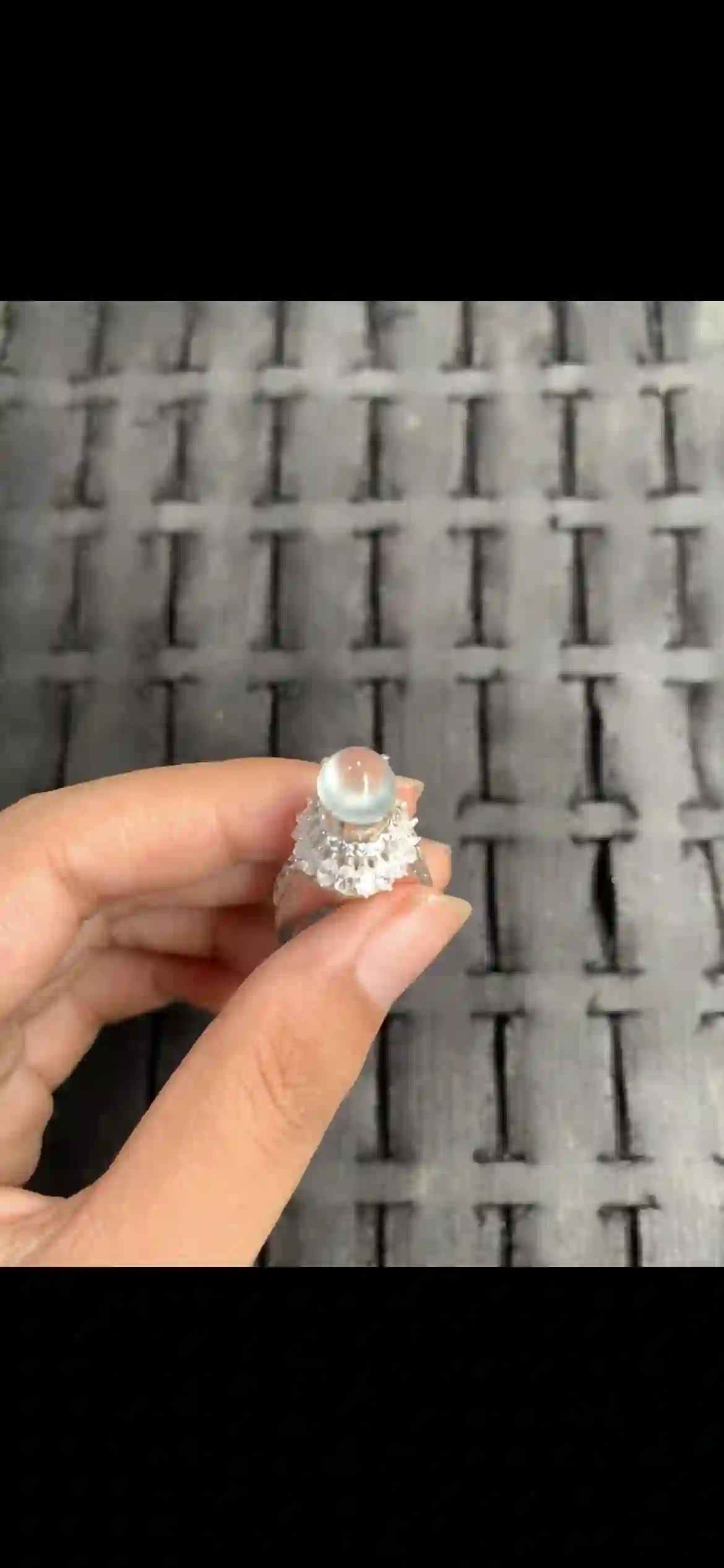 Icy Glassy White Jadeite Cabochon Halo Ring, view 2 | Myanmar Jadeite reference #11250001