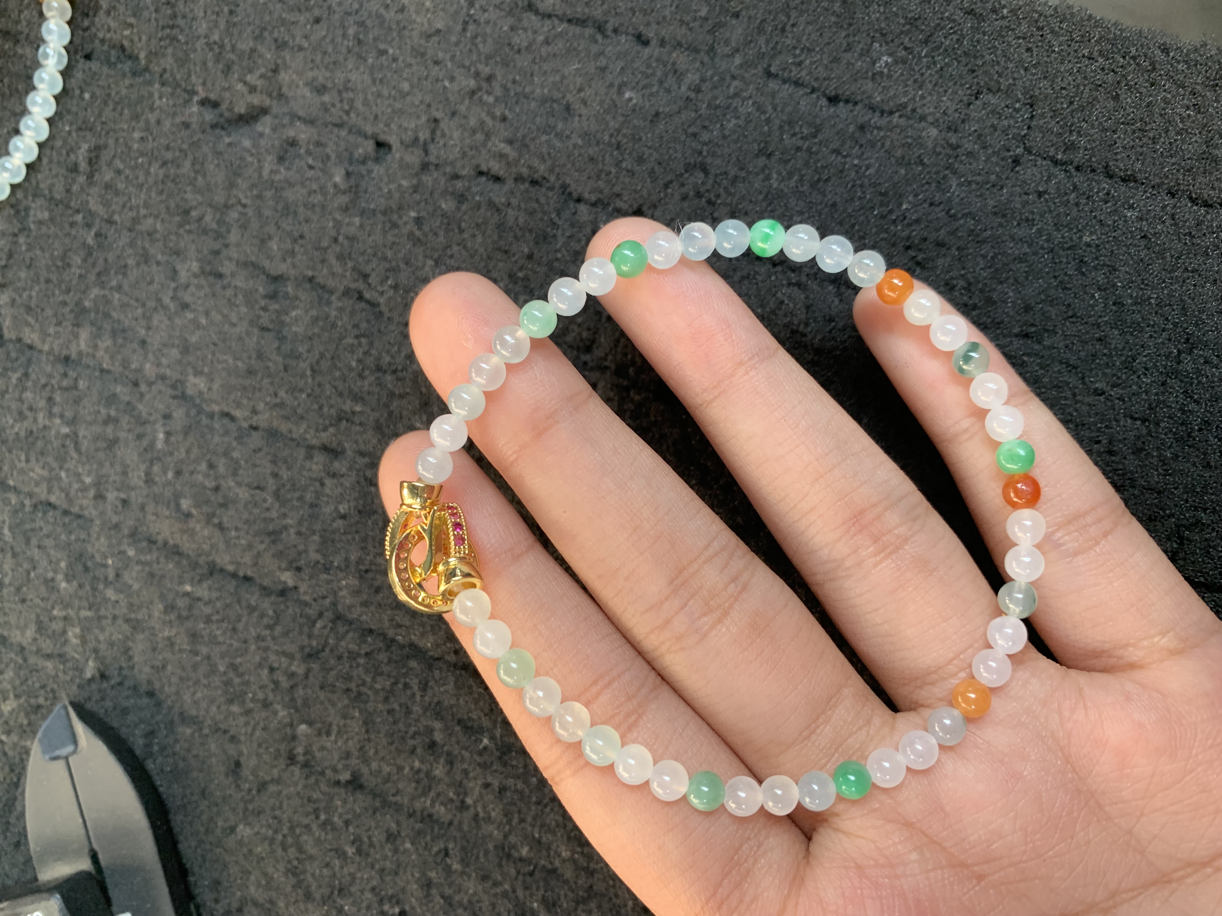 Multicolored Jade Beaded Bracelet with Gold Decorative Clasp - Burmese Jadeite from Myanmar