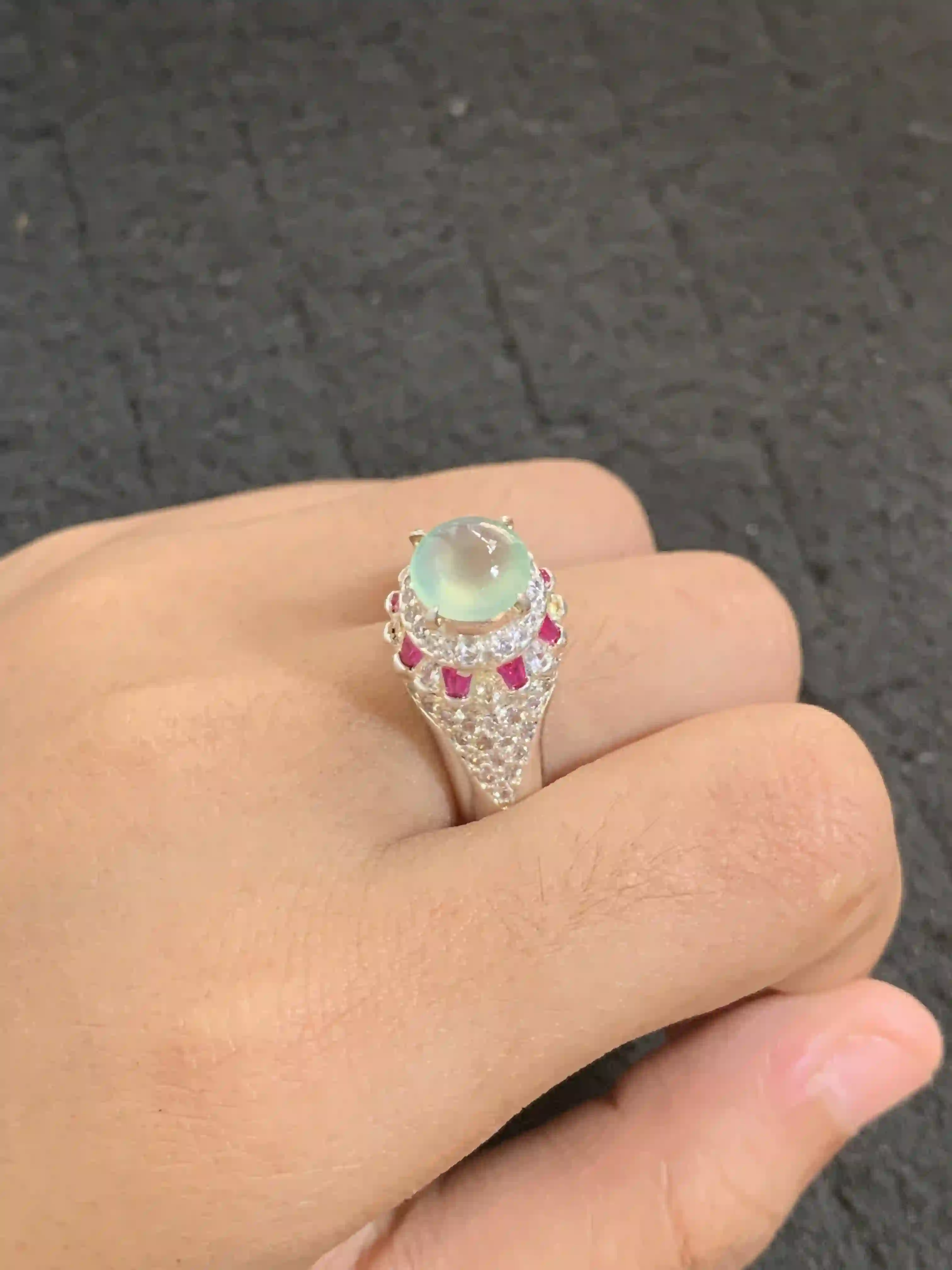 Icy Jade Ring with Ruby Accents, view 2 | Myanmar Jadeite reference #2130006