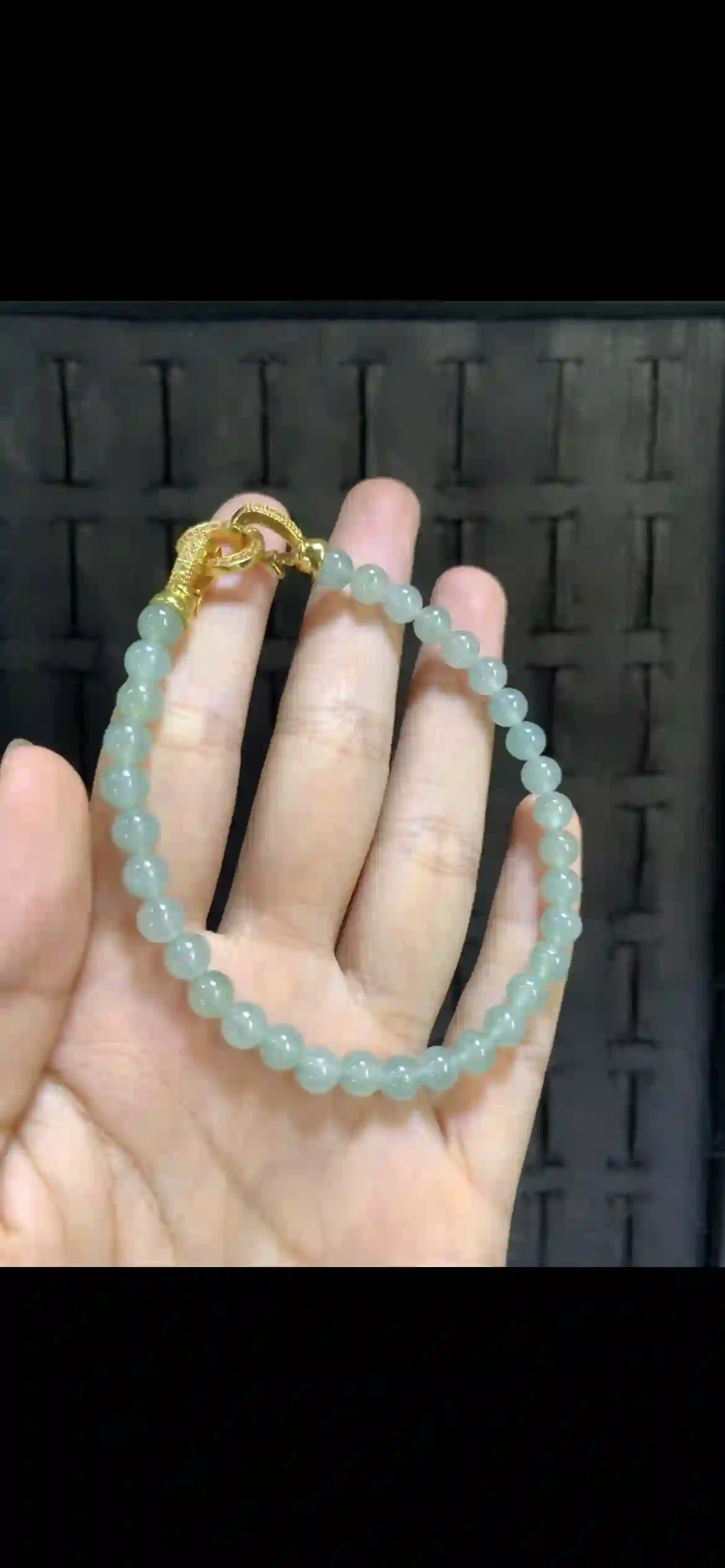 Icy Pale Green Jade Bead Bracelet with Gold Diamond-Accented Clasp | Myanmar Jadeite reference #19980001