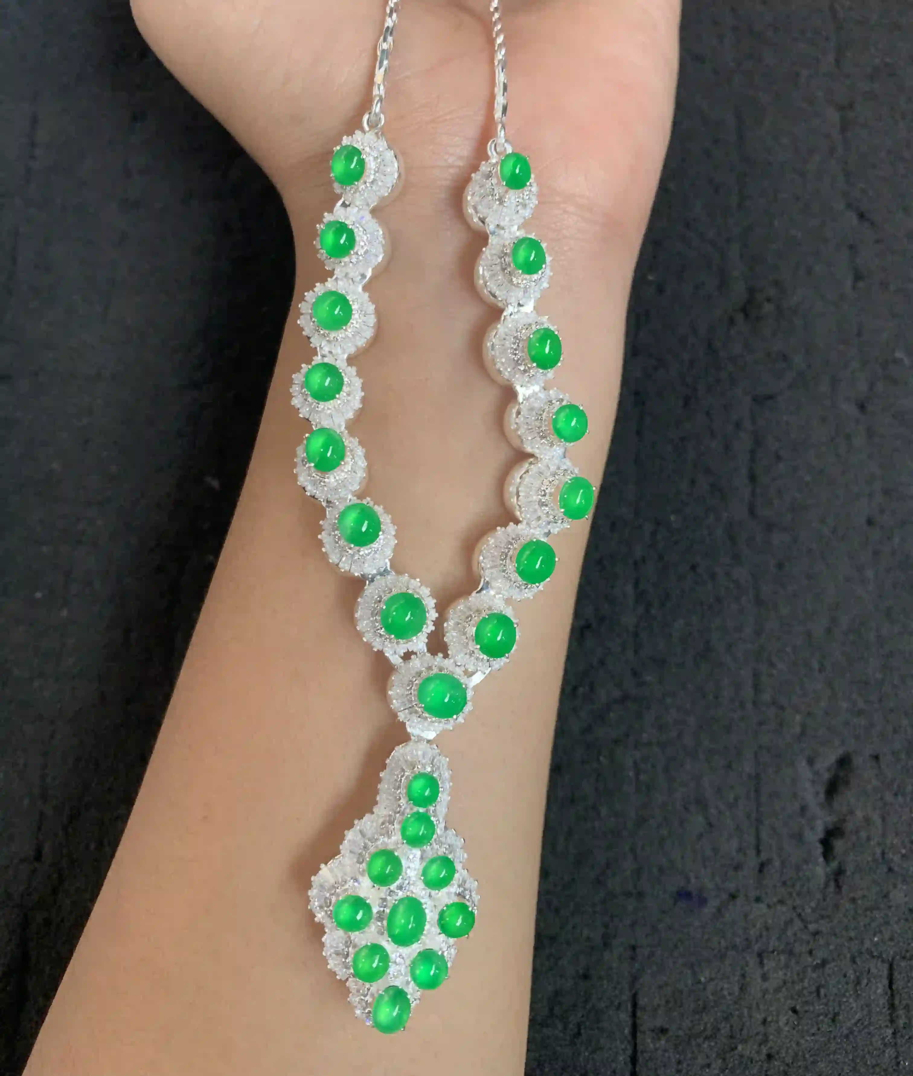 Exquisite Green Gemstone and Diamond Accent Necklace, view 2 | Myanmar Jadeite reference #1620001