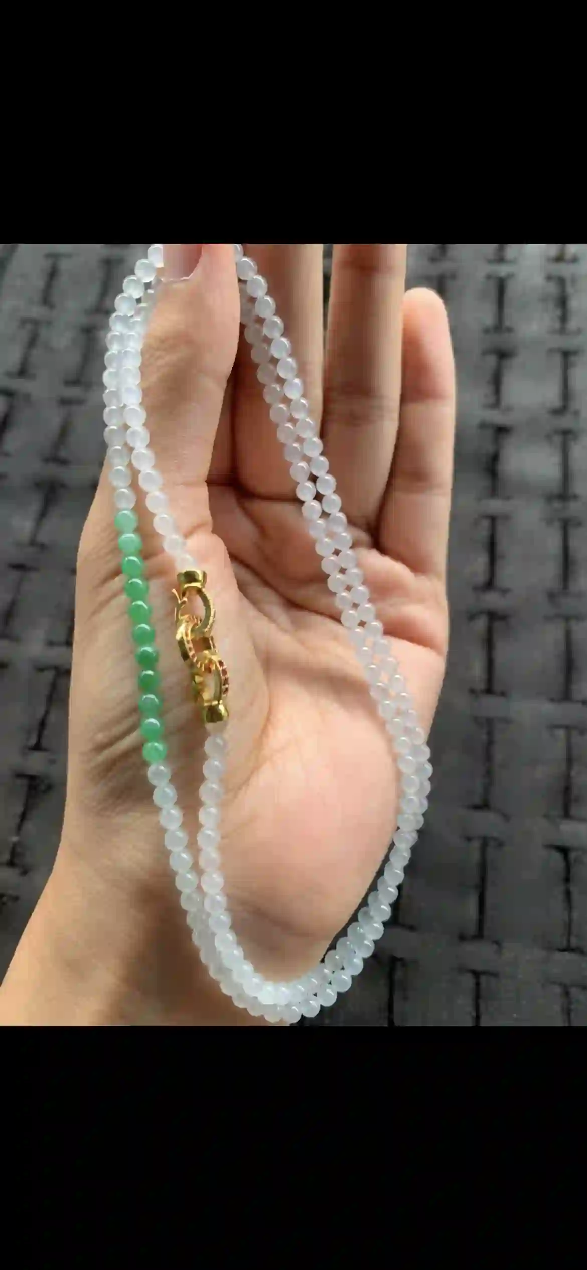 Icy White Jadeite Bead Necklace with Vivid Green Accent & Ornate Gold Clasp | Myanmar Jadeite reference #20820001