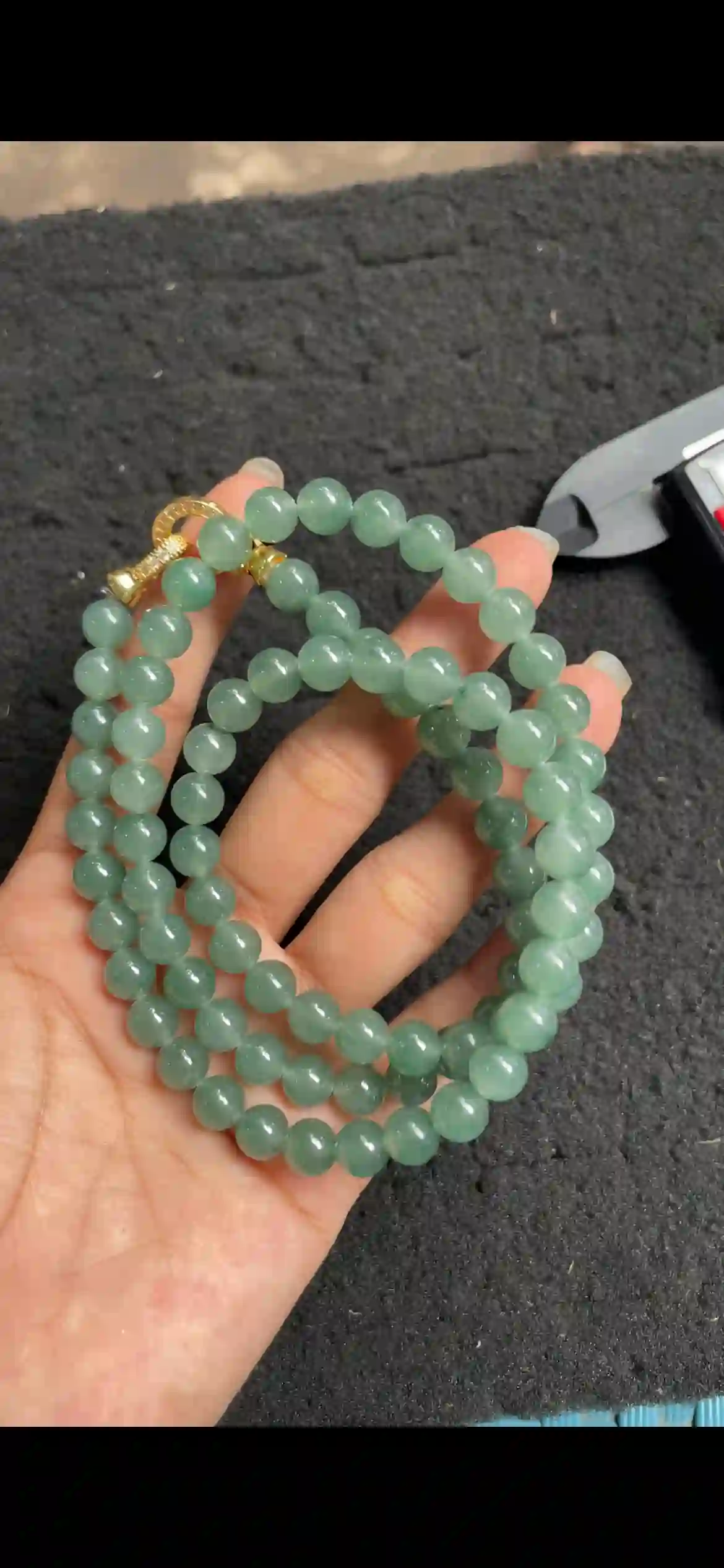  Translucent Deep Green Jadeite Beaded Multi-Strand Bracelet with Gold Clasp | Myanmar Jadeite reference #4530002