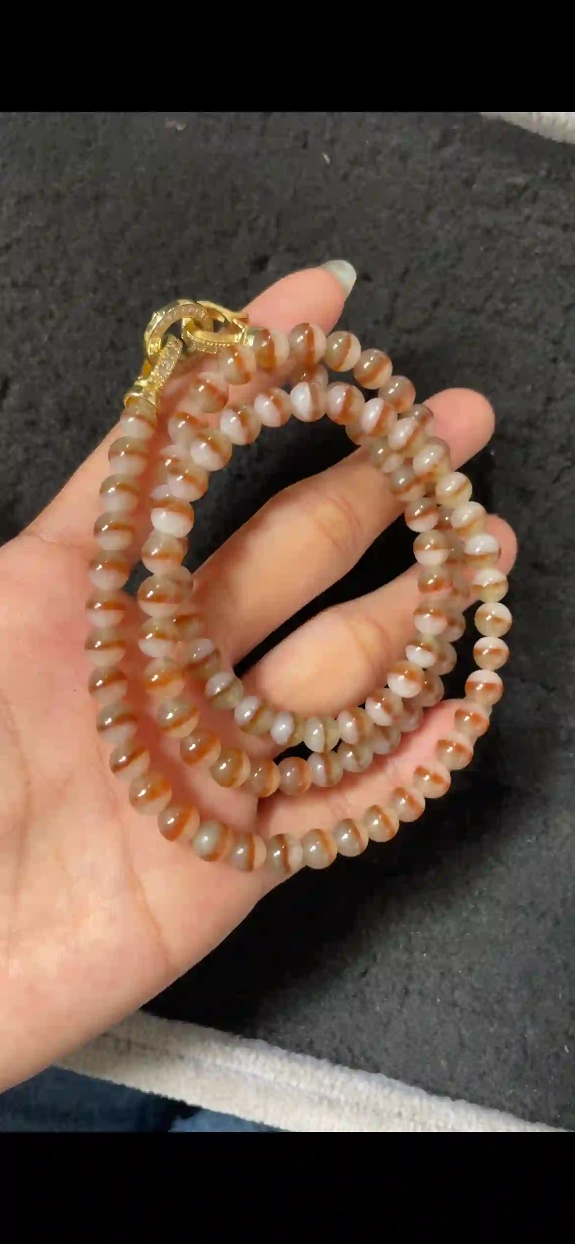  Natural Two-Tone Red & White Jadeite Bead Necklace with Diamond-Set Gold Clasp, view 2 | Myanmar Jadeite reference #6690007