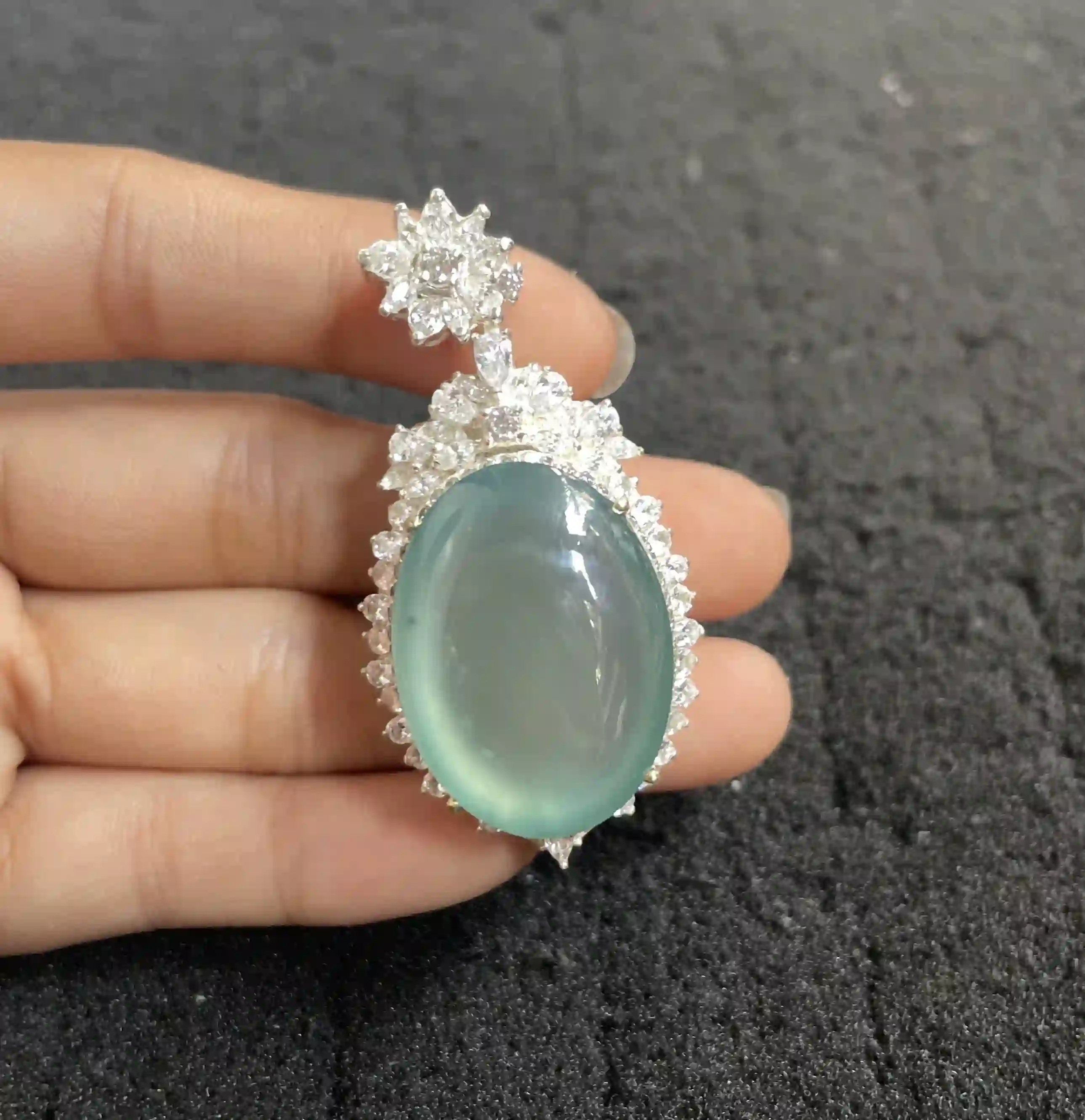  Premium Aquamarine-Toned Jadeite Pendant with Diamond-Like Accented Silver-Toned Setting, view 2 | Myanmar Jadeite reference #1050002
