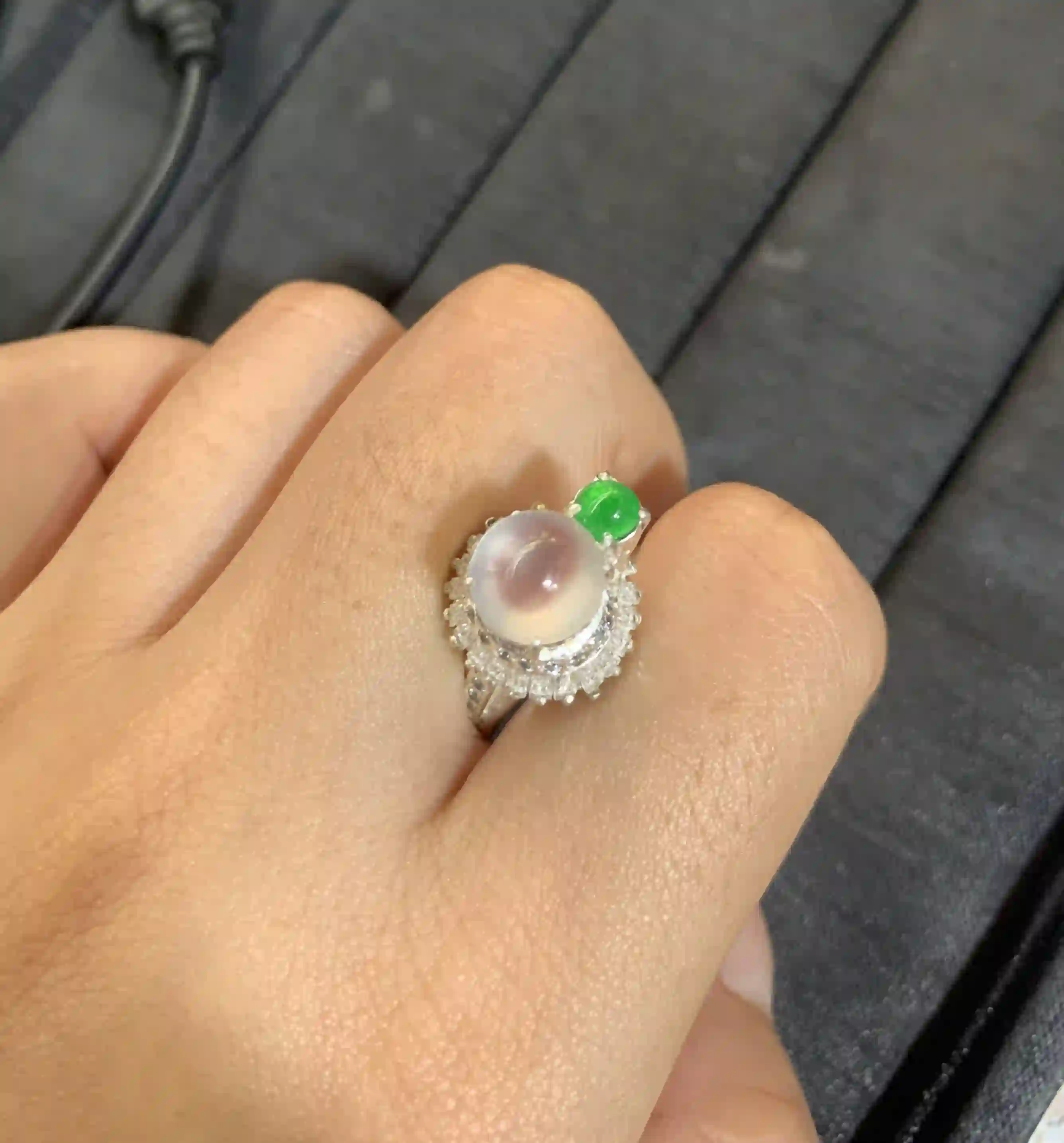 Icy Jadeite Cabochon Ring with Green Accents and Diamond Halo | Myanmar Jadeite reference #210001