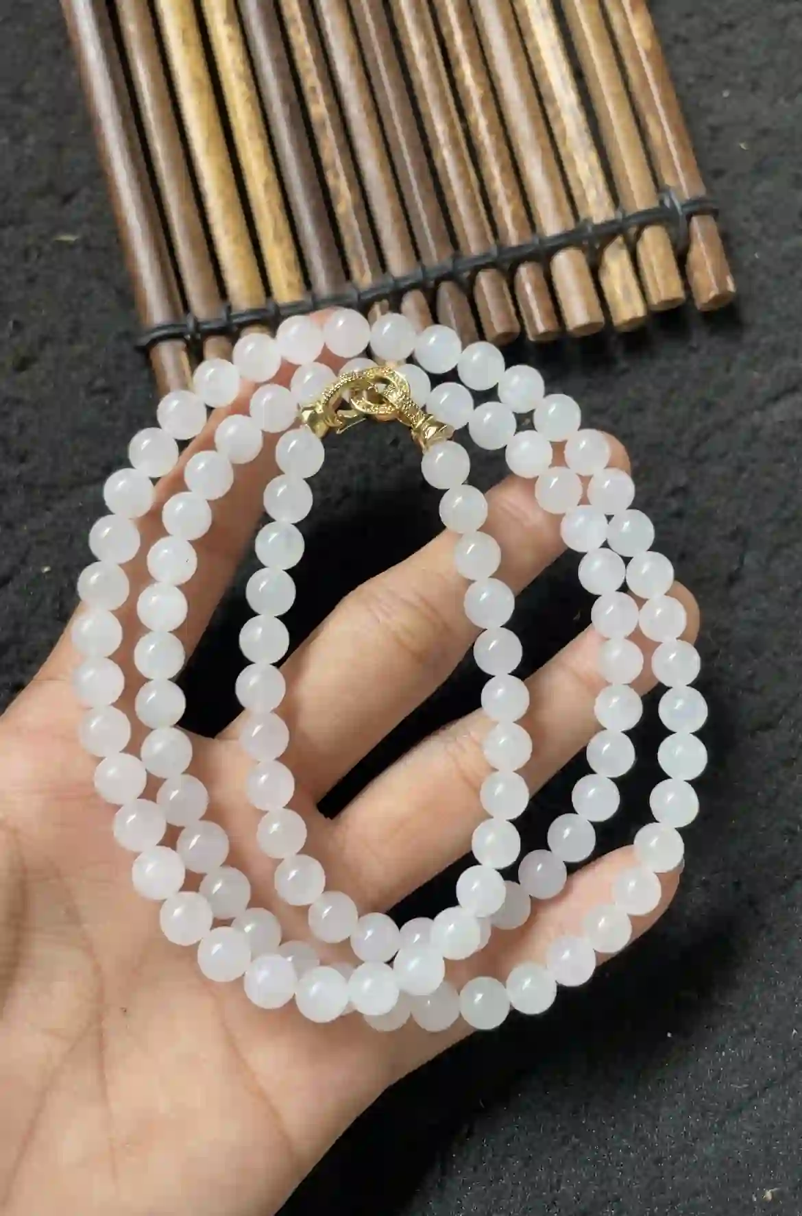Natural Icy White Jade Bead Necklace with Gold Clasp | Myanmar Jadeite reference #2580004