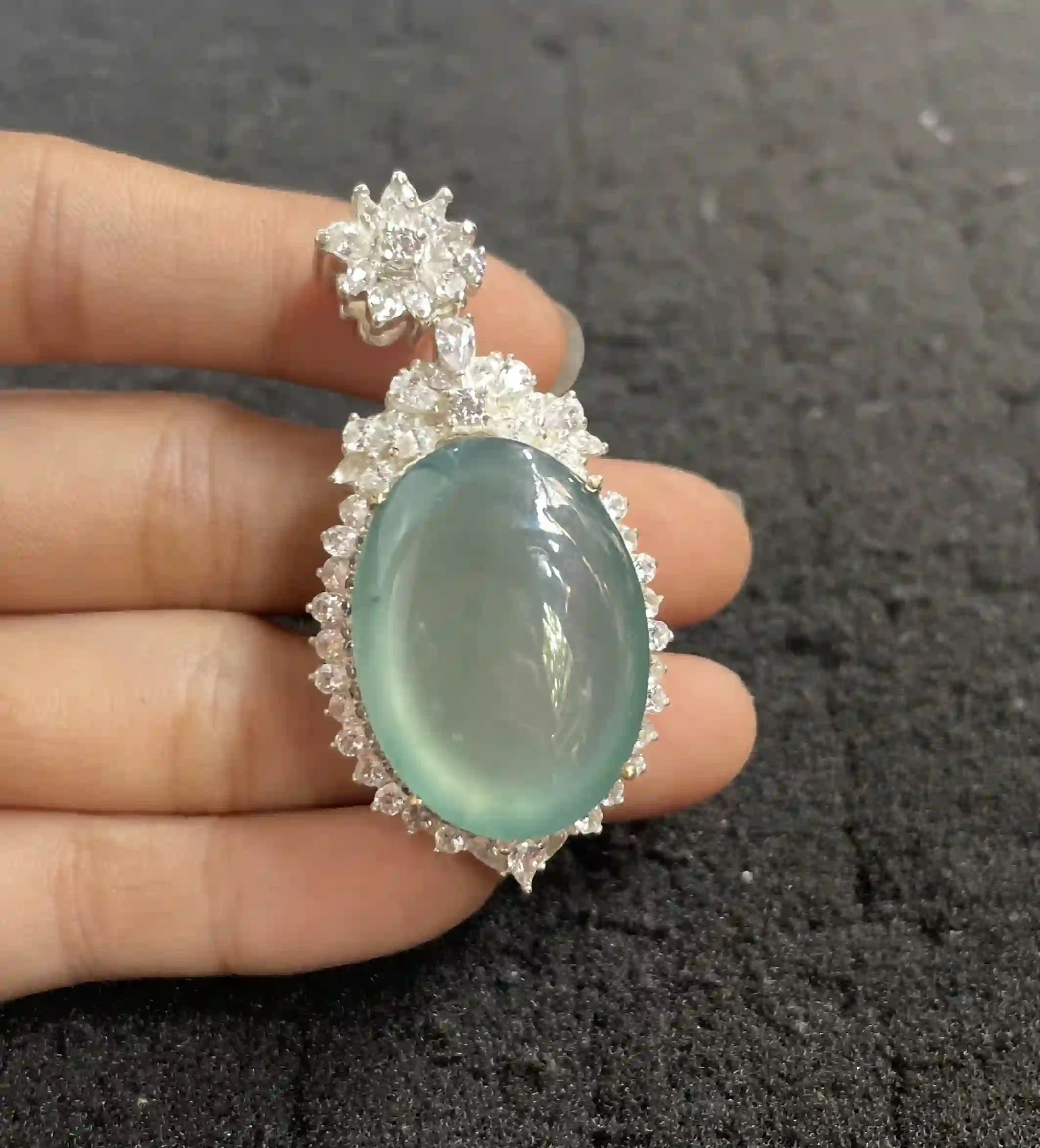  Premium Aquamarine-Toned Jadeite Pendant with Diamond-Like Accented Silver-Toned Setting | Myanmar Jadeite reference #1050002