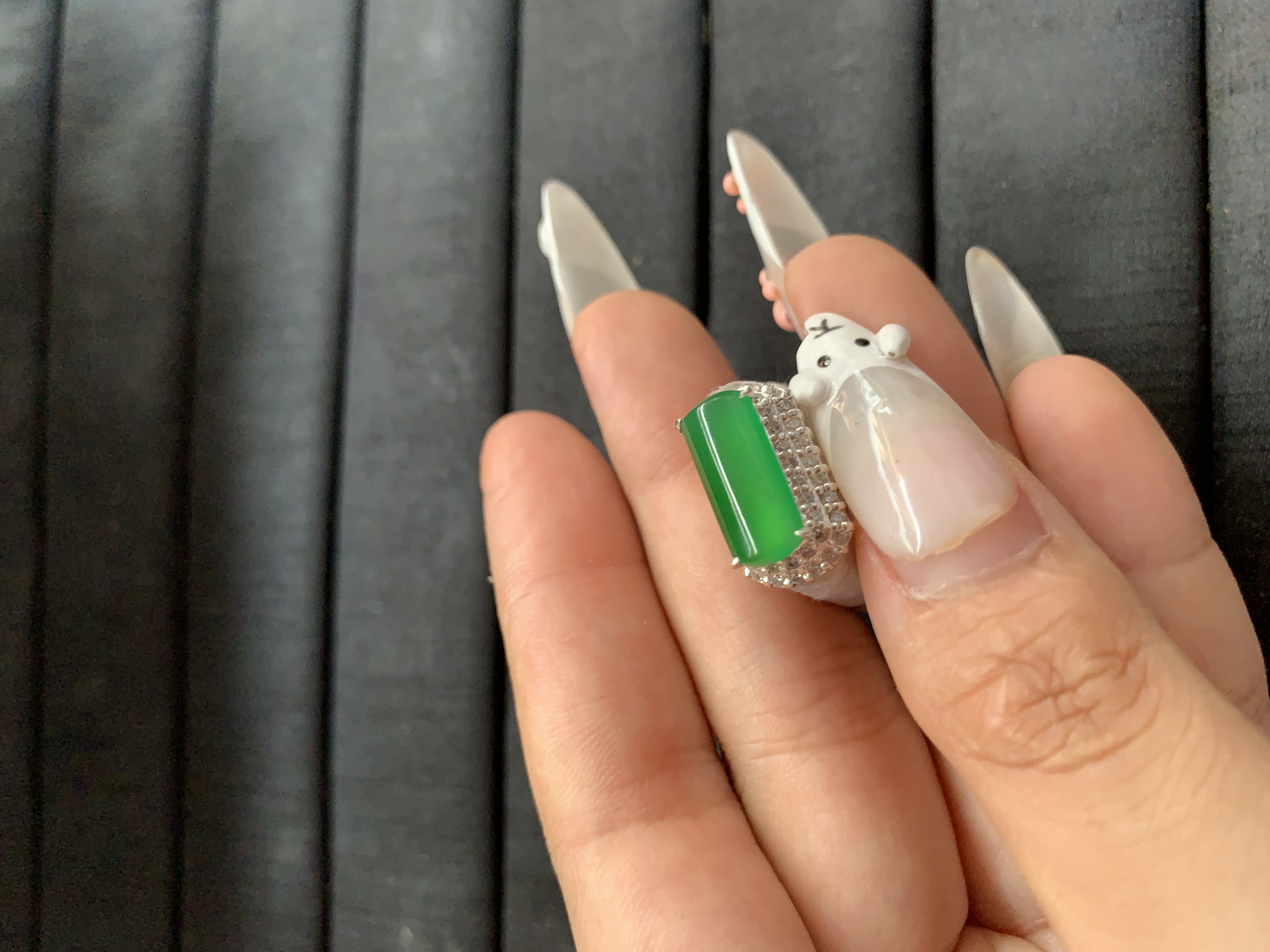   Natural Vivid Green Jade Baguette Silver Ring - Burmese Jadeite Type A from Hpakant, Myanmar | Myanmar Jadeite