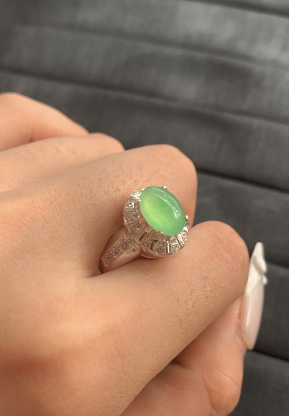 : Translucent Green Oval Gemstone Ring with Silver-Toned Setting - Burmese Jadeite from Myanmar